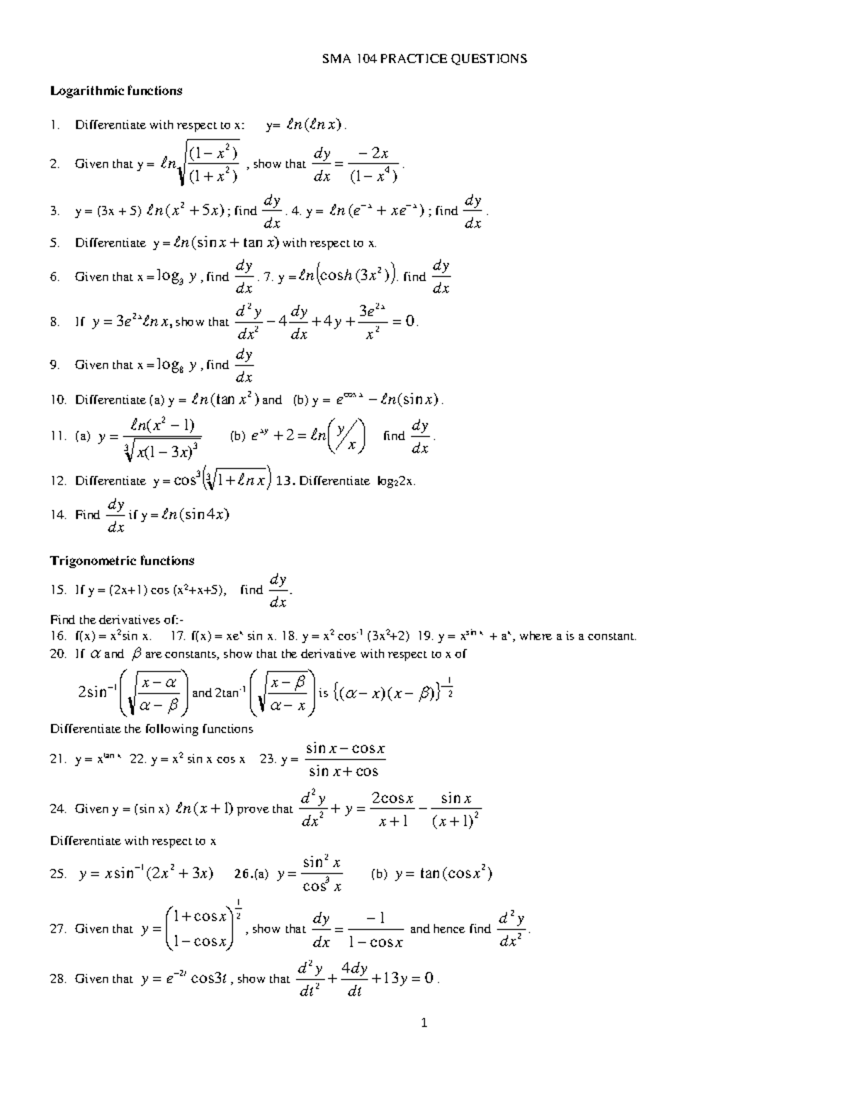 SMA 104 Practice Questions - SMA 104 PRACTICE QUESTIONS Logarithmic ...