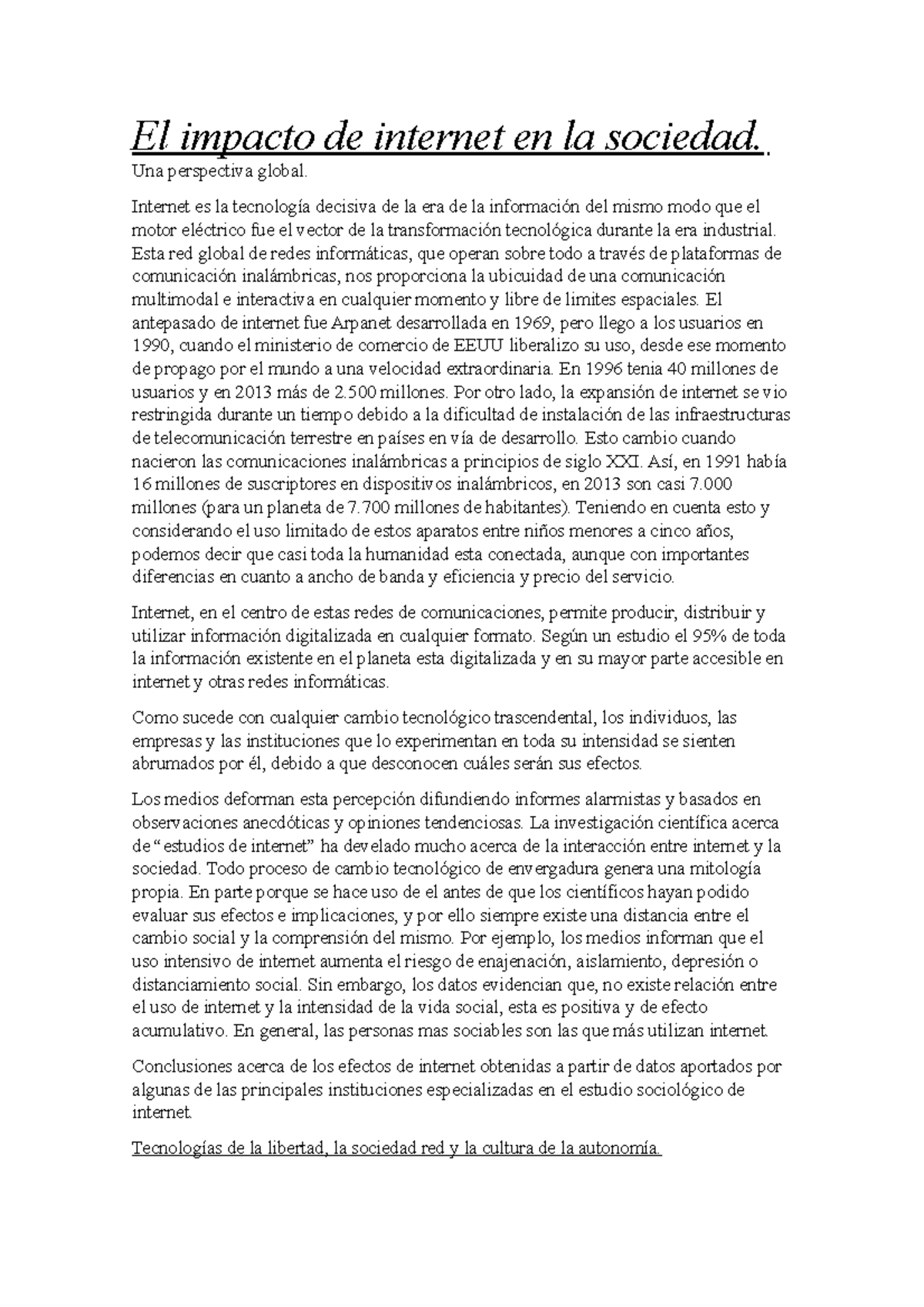 El impacto de internet en la sociedad - Una perspectiva global ...