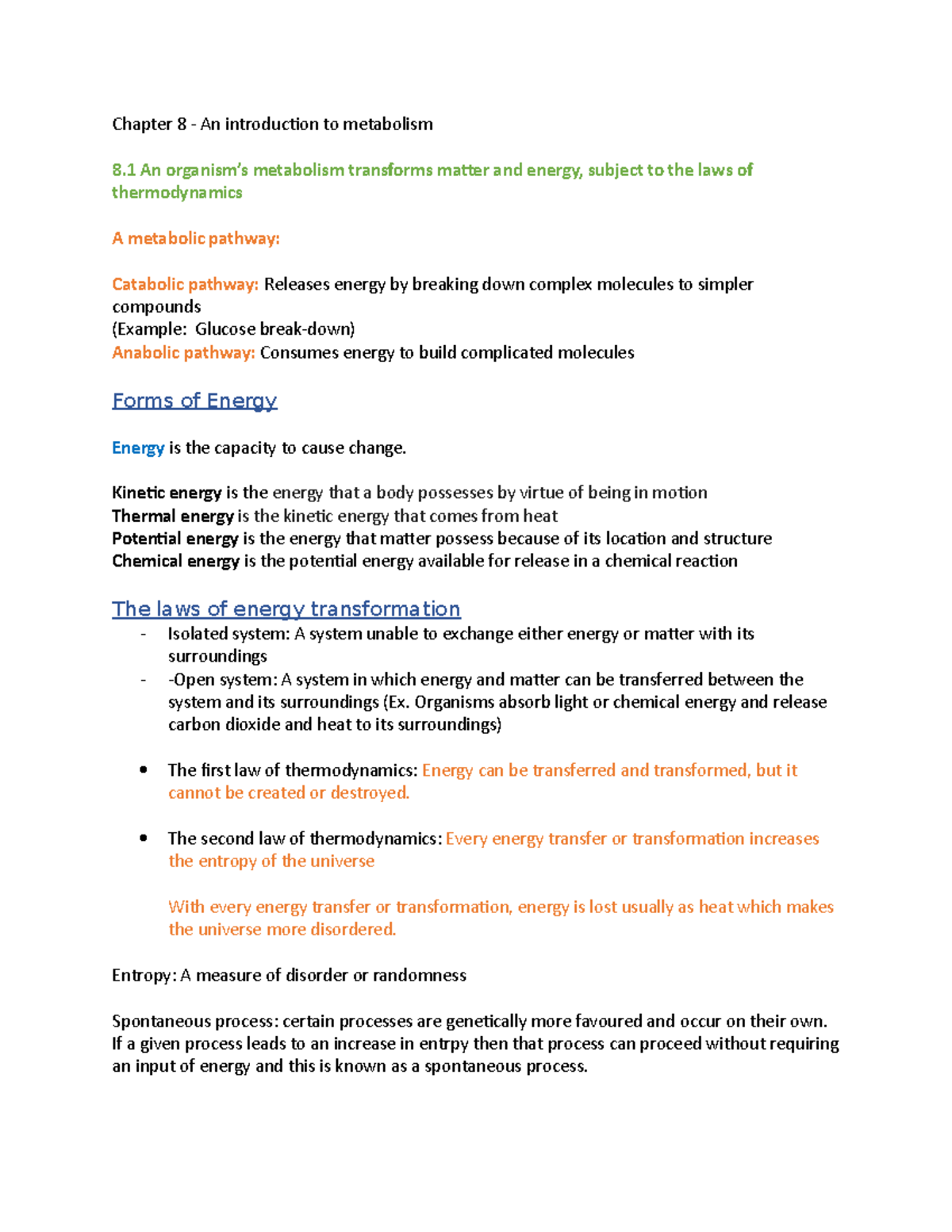 Chapter 8 Notes - Introduction to Metabolism - Chapter 8 - An ...
