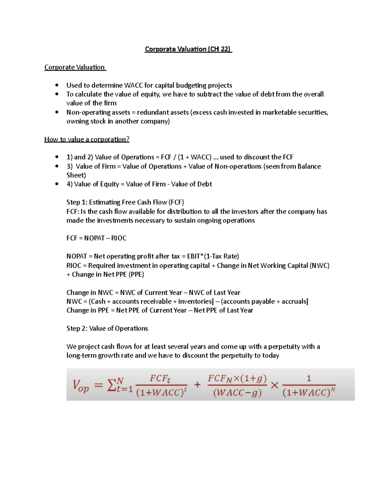 Corporate Valuation - CH 22 Notes - Corporate Valuaion (CH 22 ...