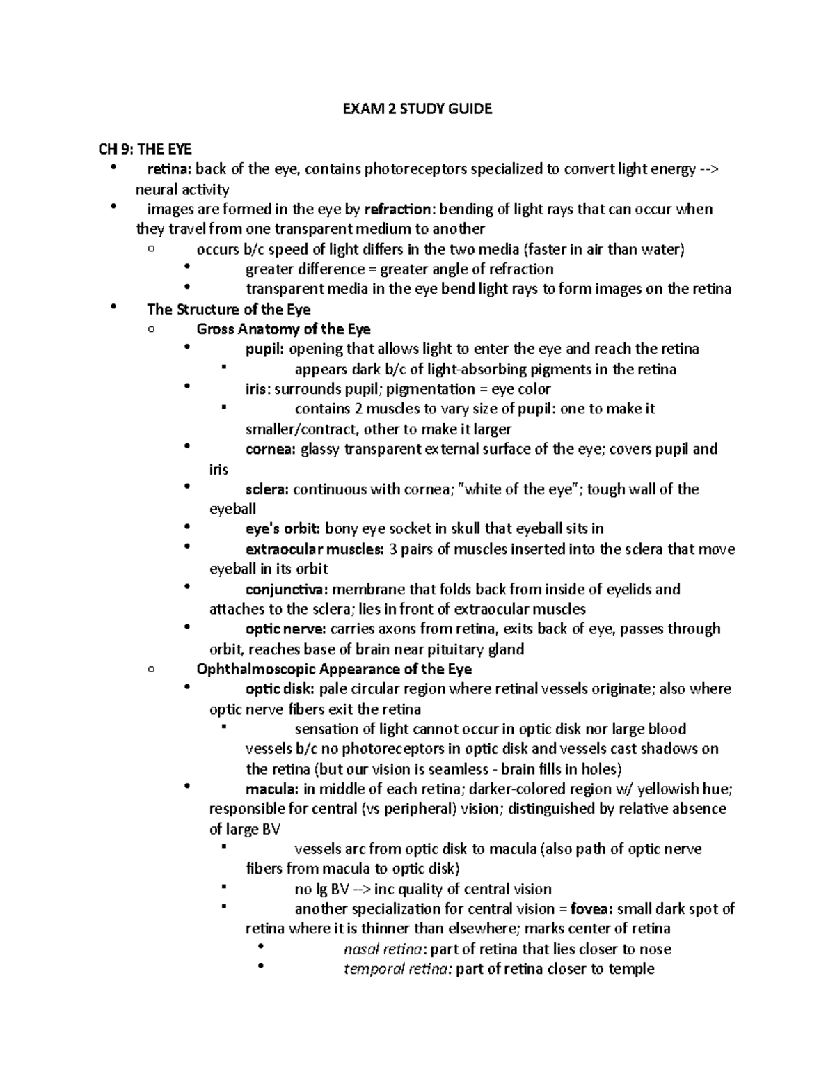 Exam 2 Study Guide - Summary Neuroscience - EXAM 2 STUDY GUIDE CH 9 ...