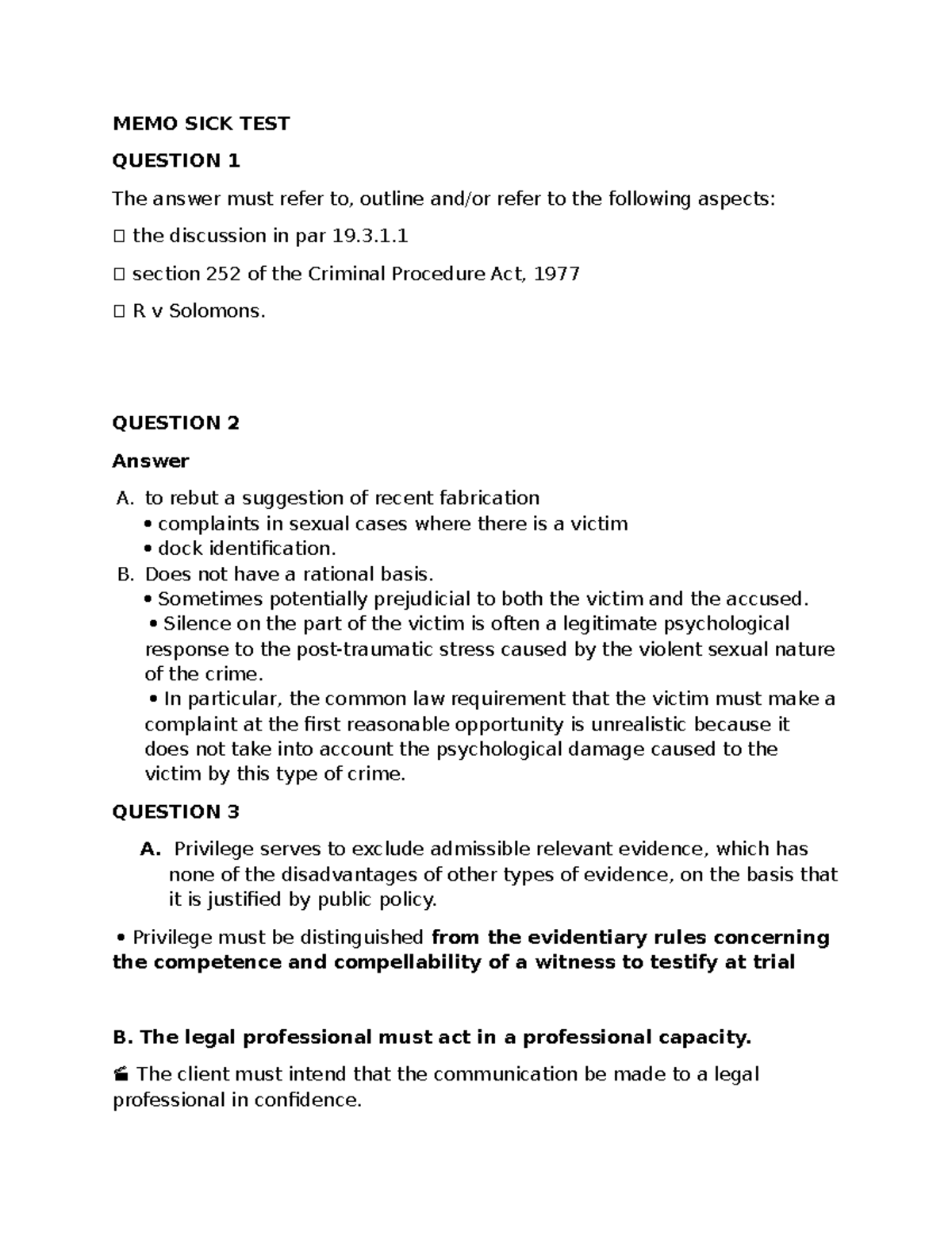MEMO FOR SICK TEST - memo for law of evidence. give more information ...