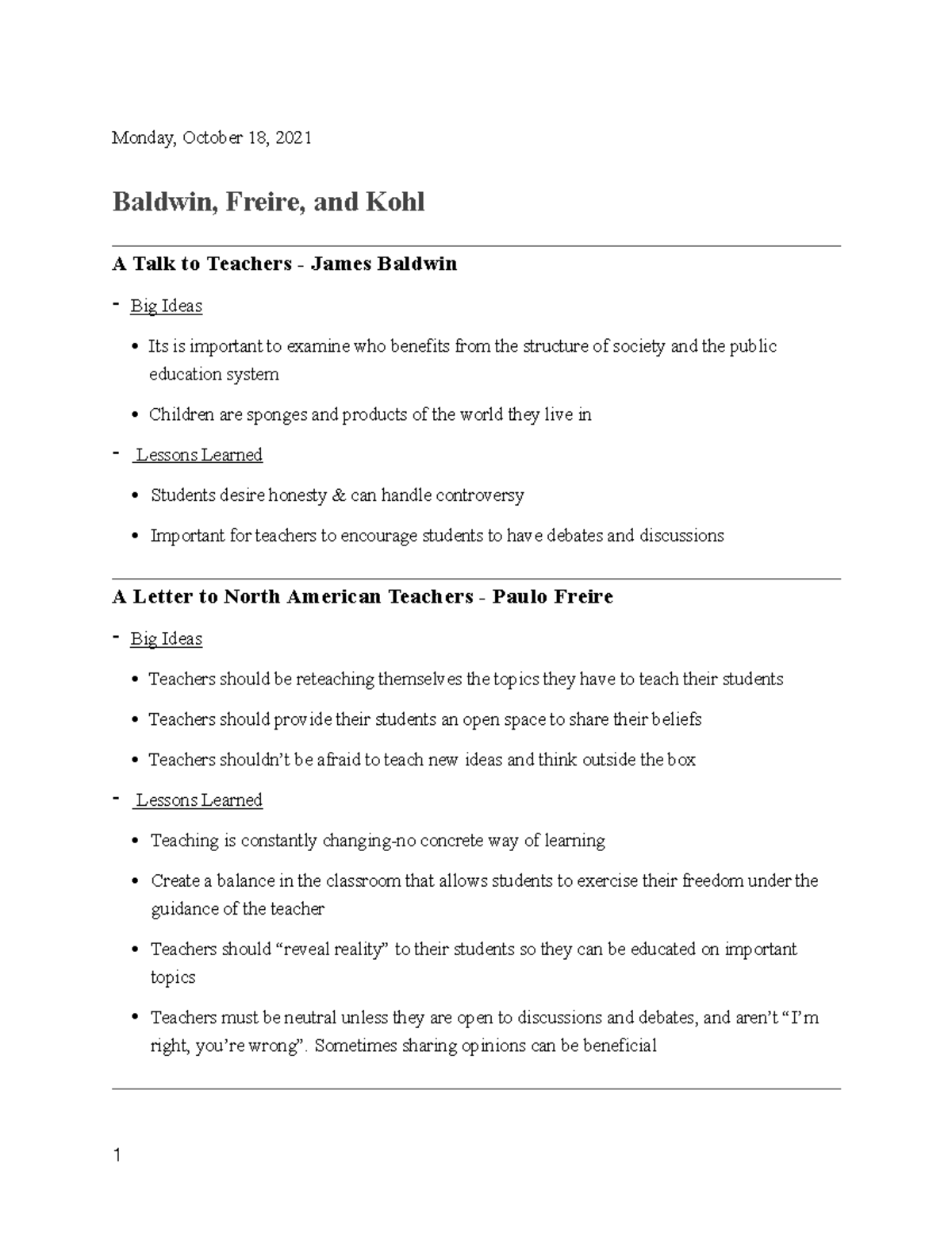 Baldwin, Freire, and Kohl Notes - SPED103 - TCNJ - Studocu