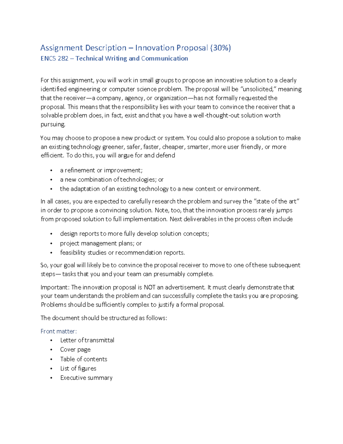 description of innovation proposal - Assignment Description ...