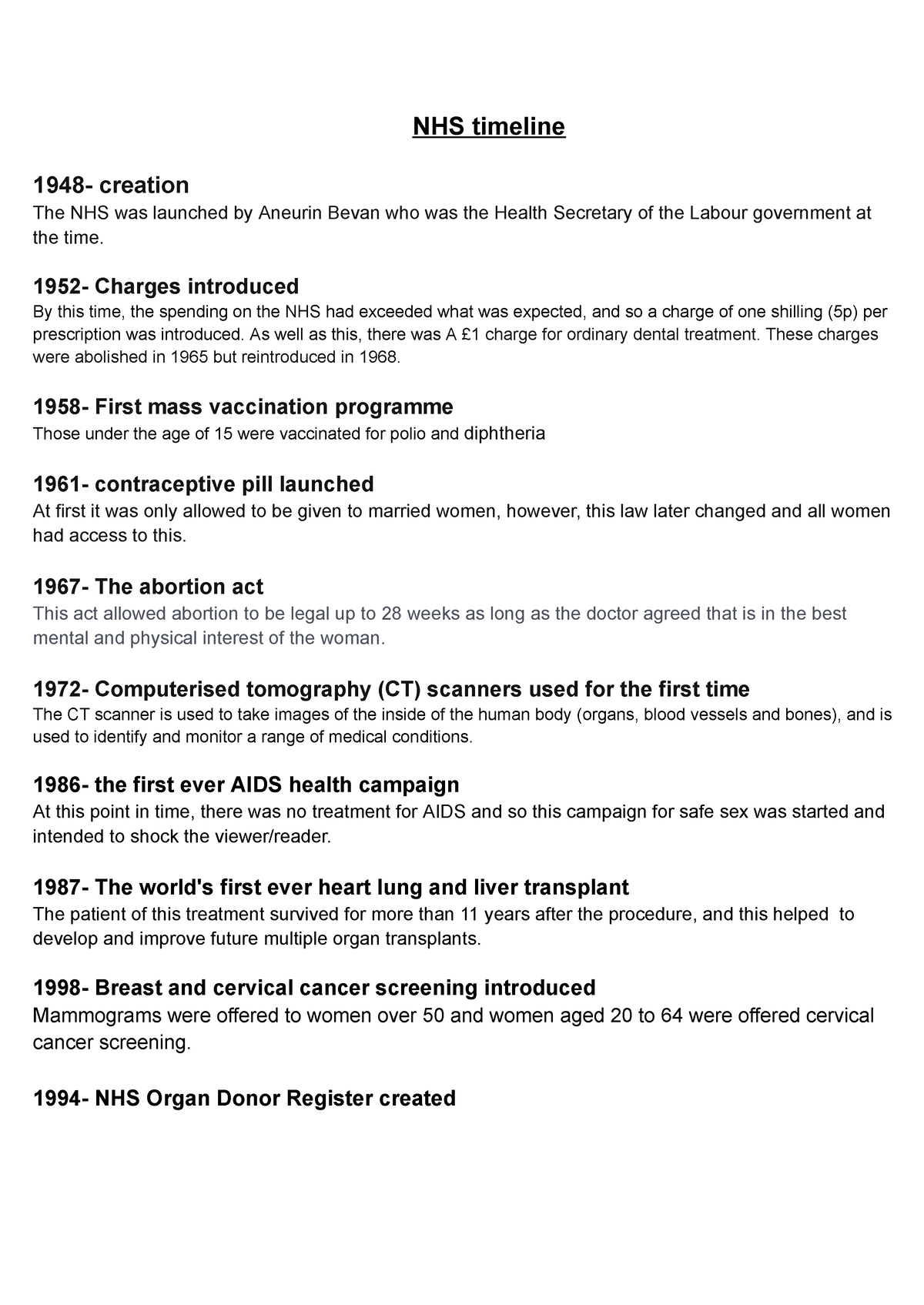 NHS timeline NEW - NHS timeline 1948- creation The NHS was launched by ...