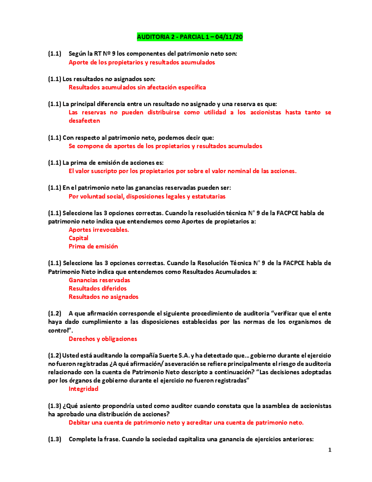 Auditoría II - Primer Parcial 16p - AUDITORIA 2 - PARCIAL 1 – 04/11/ (1 ...