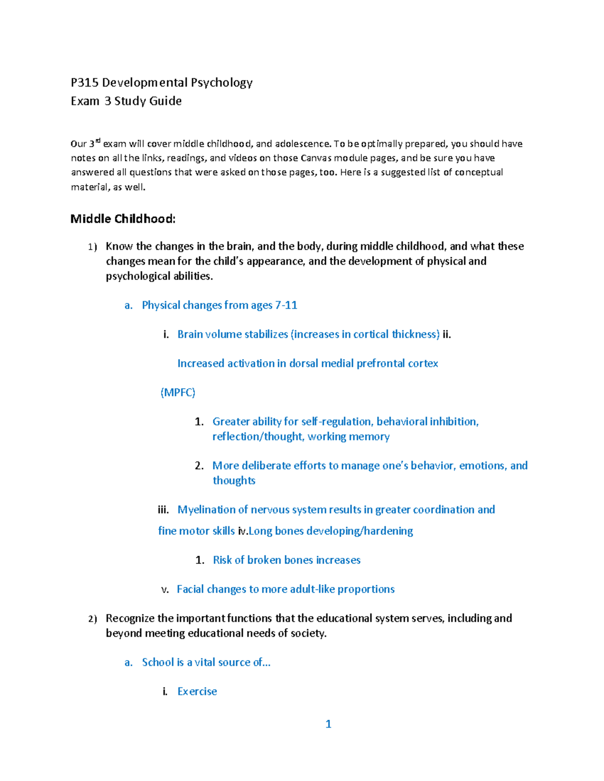 Exam 3 Study Guide - 1 P315 Developmental Psychology Exam 3 Study Guide ...