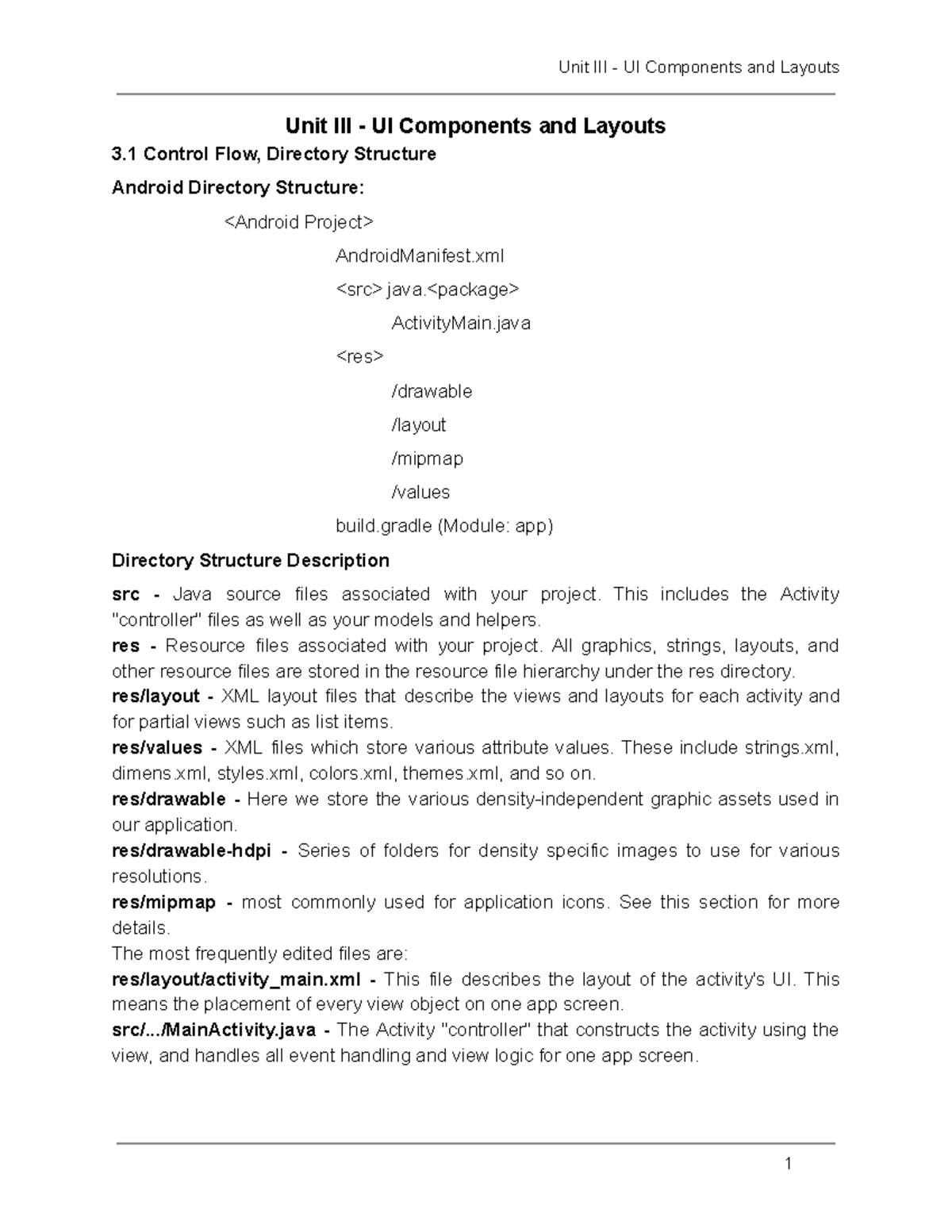 Unit III - UI Components and Layouts - ActivityMain /drawable /layout ...