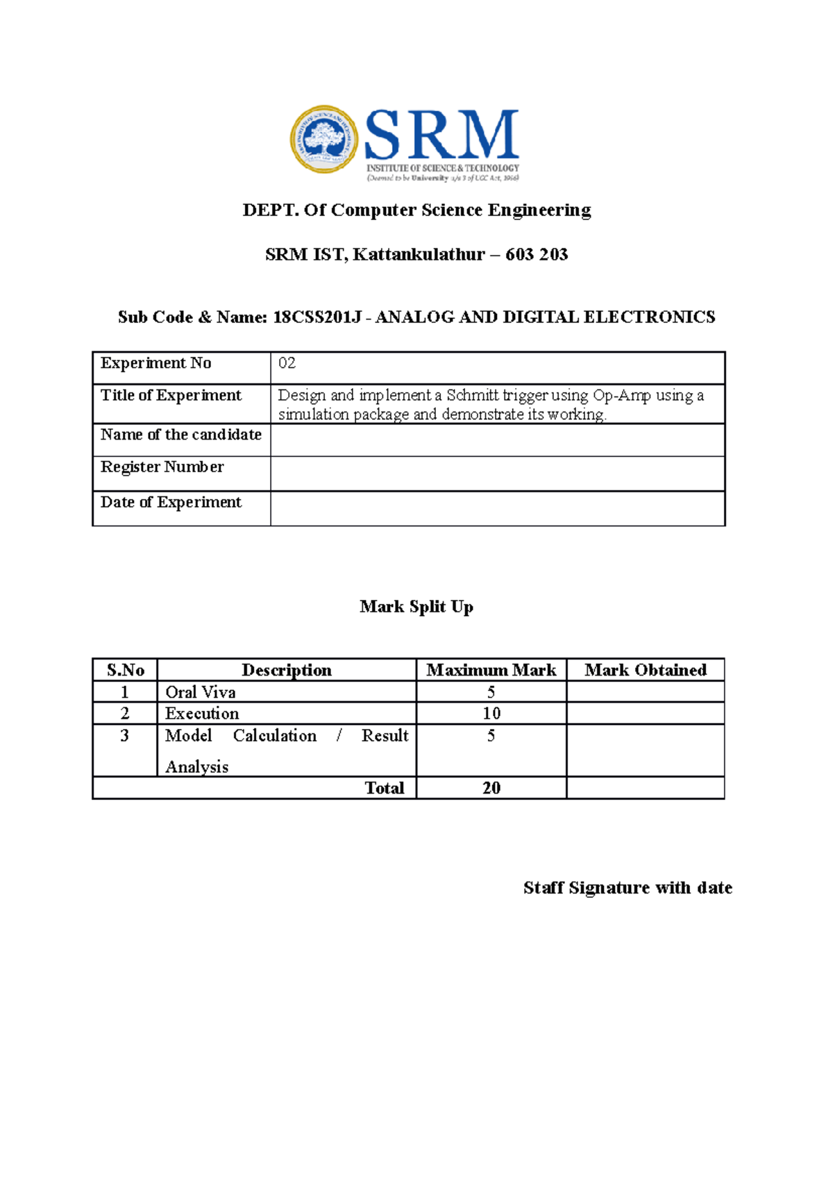 ADE Exp 2 - ADE Experiment 2 - DEPT. Of Computer Science Engineering ...
