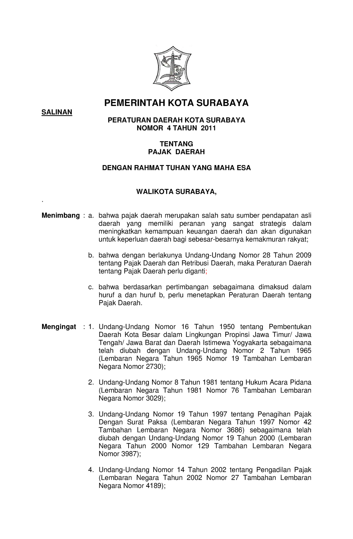 Perda No 4 Tahun 2011 F Pemerintah Kota Surabaya Salinan Peraturan