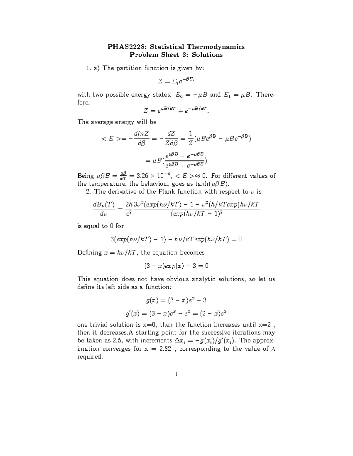 Problems 3 Solution - PHAS2228: Statistical Thermodynamics Problem ...