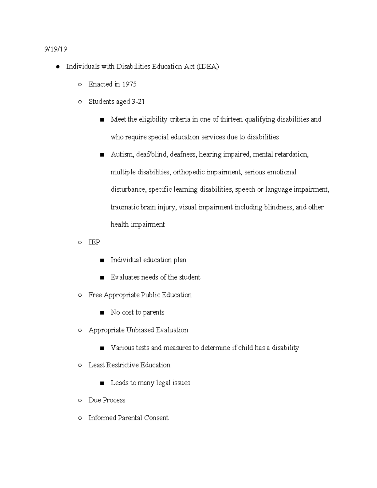 Lecture notes - 9/19/ Individuals with Disabilities Education Act (IDEA ...