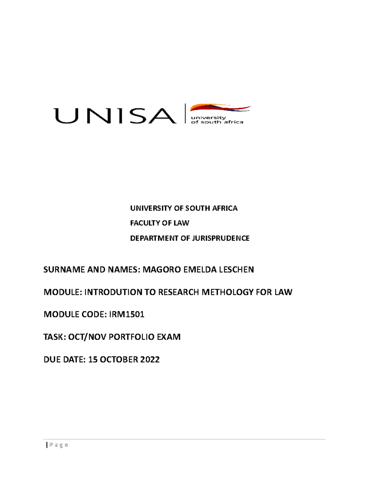 EXAM Portfolio 222-2 - UNIVERSITY OF SOUTH AFRICA FACULTY OF LAW ...