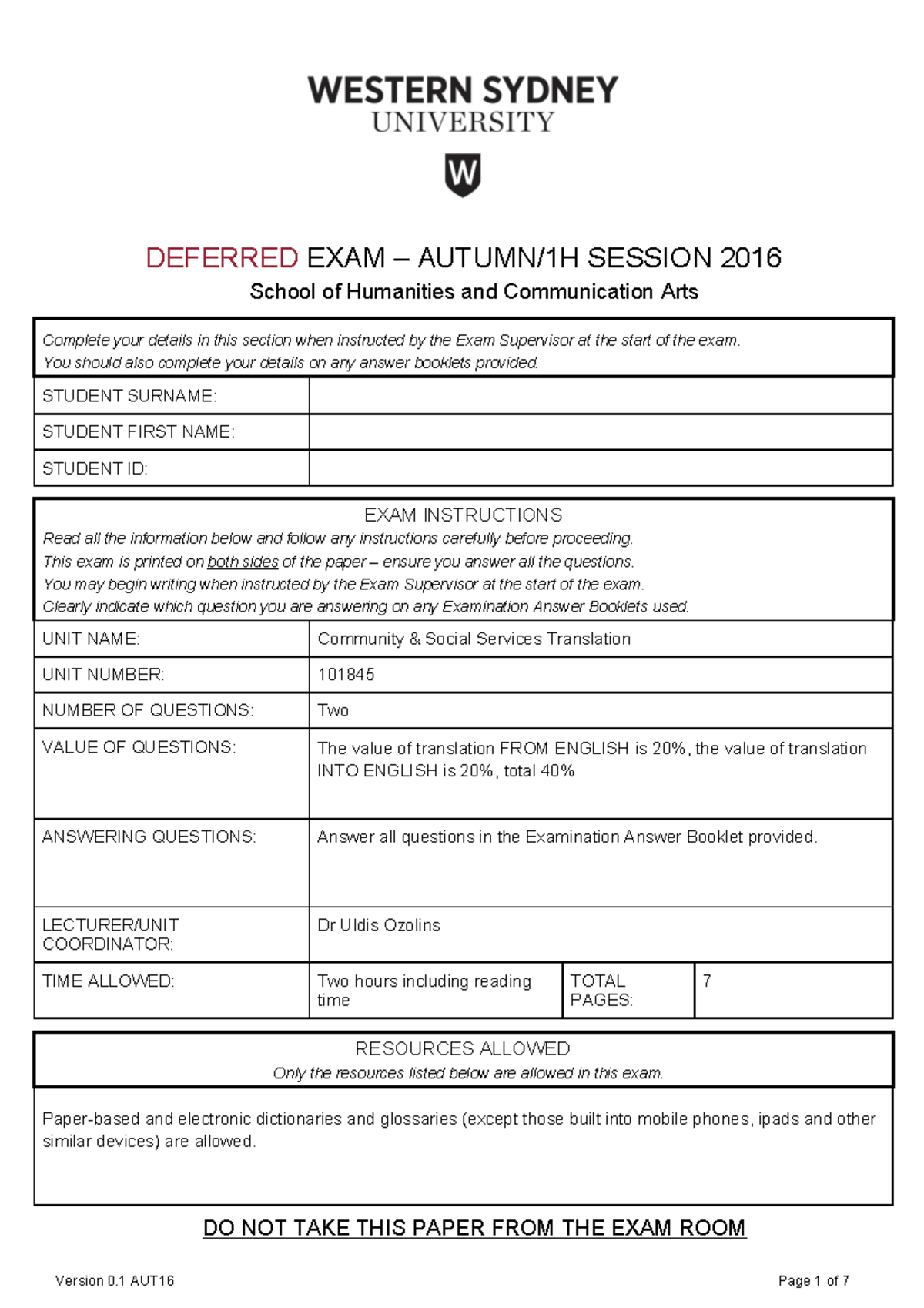 Exam 2016, questions - DEFERRED EXAM SESSION 2016 School of Humanities ...