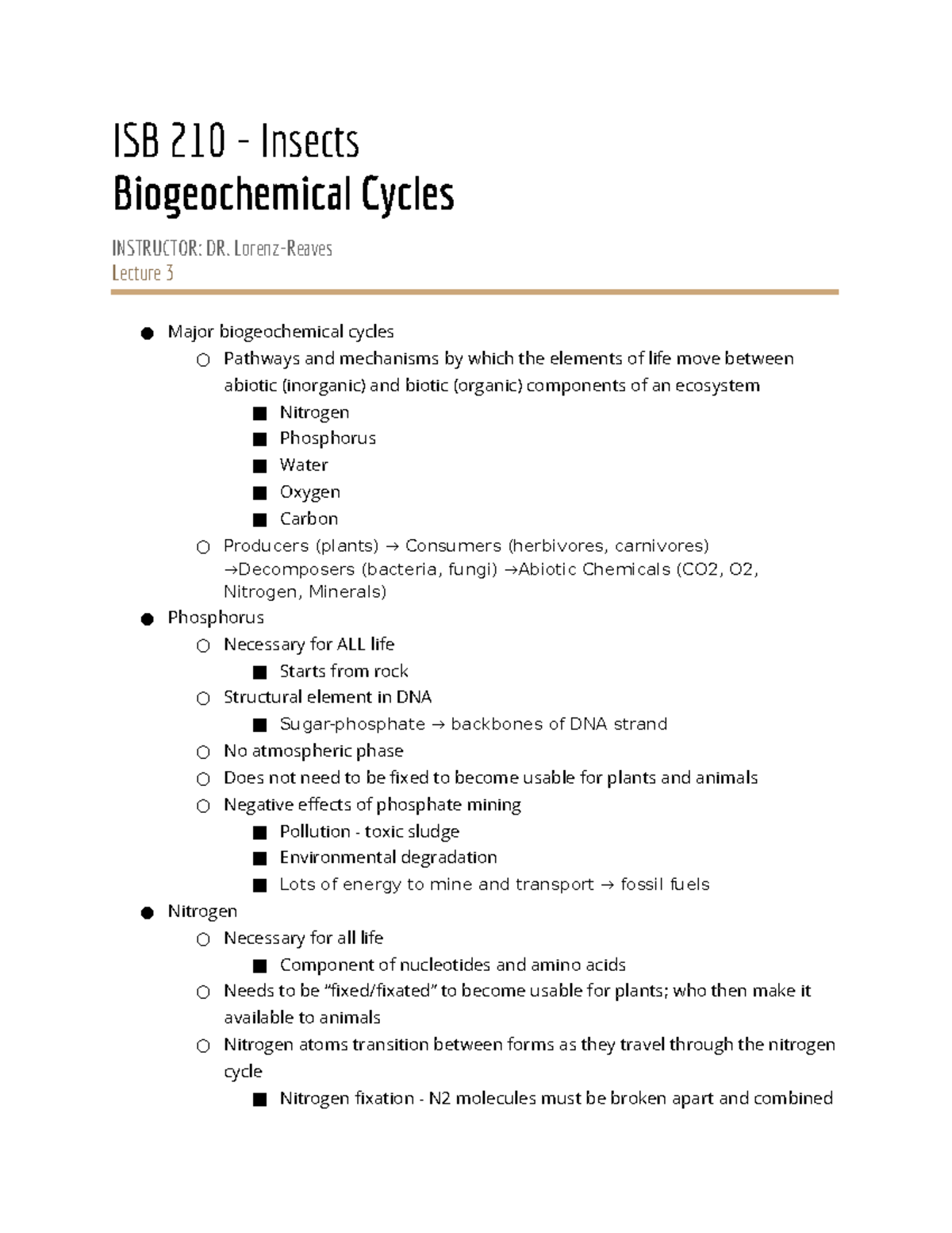 Biogeochemical Cycles - ISB 210 - Insects Biogeochemical Cycles ...