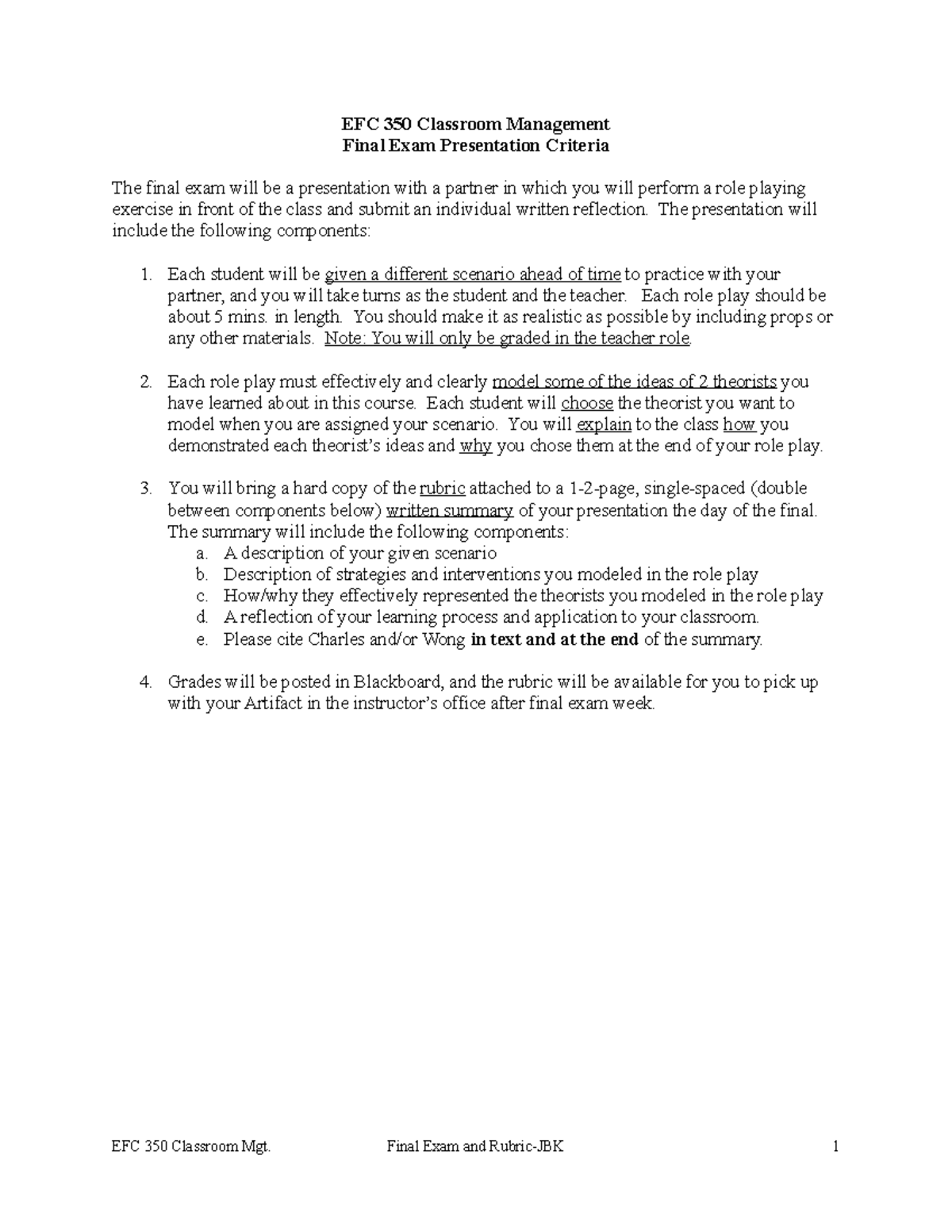 Rubric - EFC 350 Classroom Management Final Exam Presentation Criteria ...