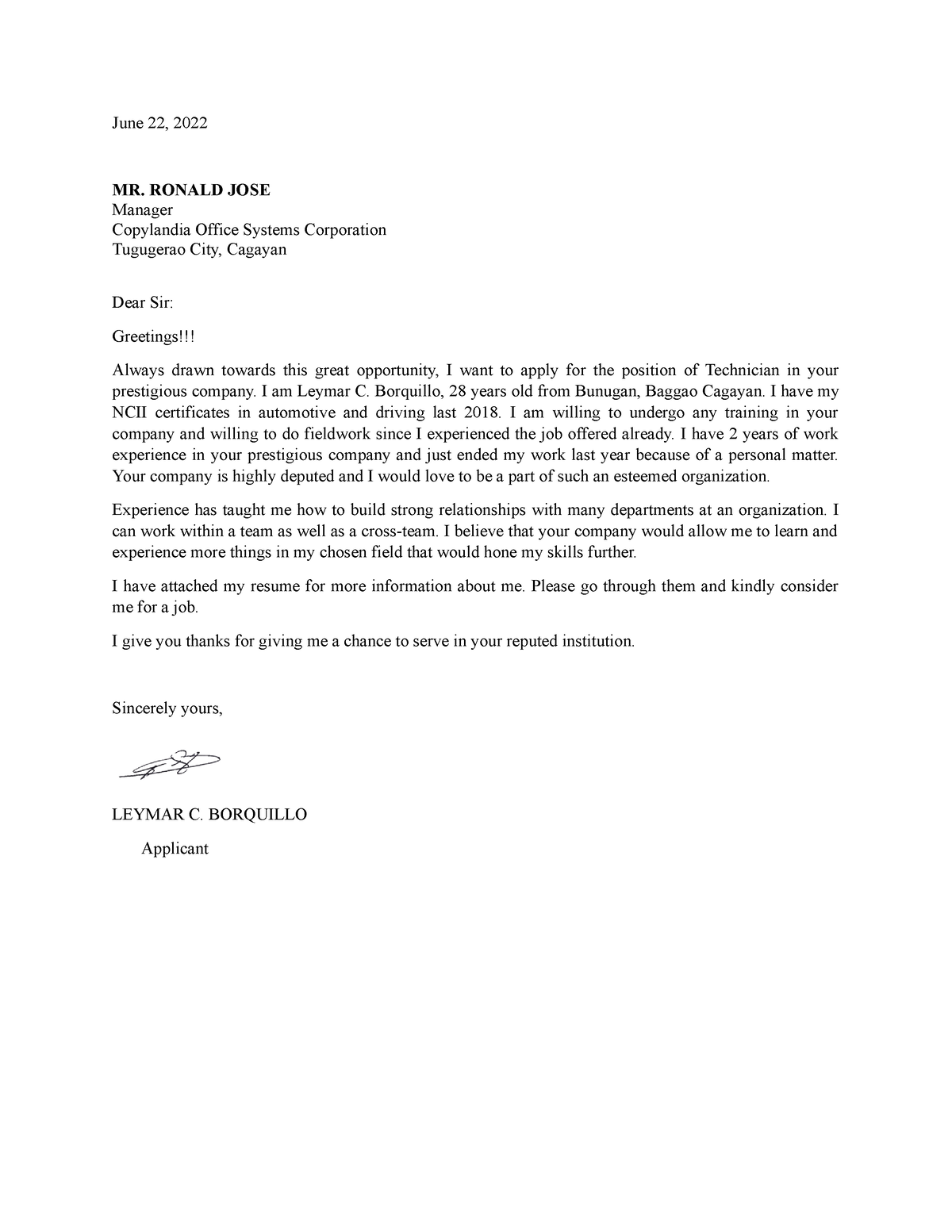 Application letter - June 22, 2022 MR. RONALD JOSE Manager Copylandia ...