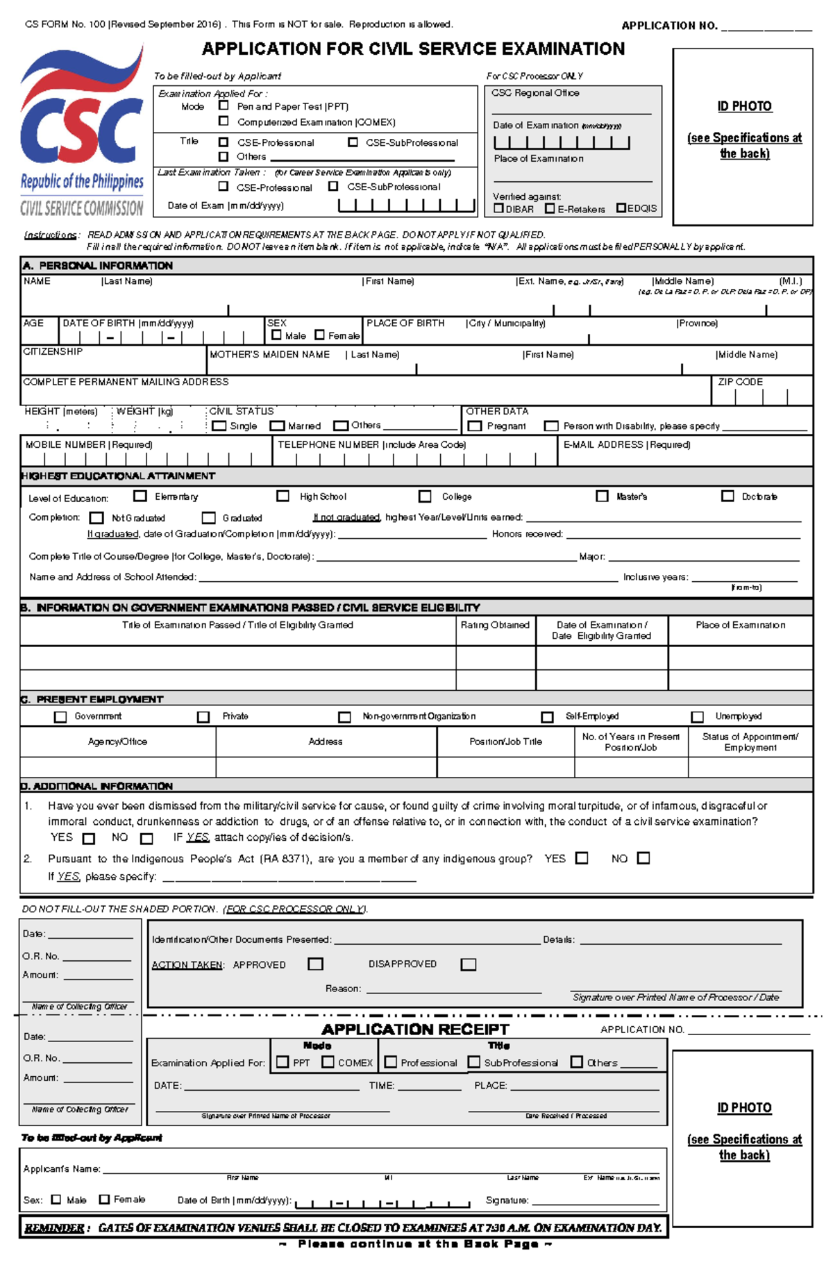 CS Form 100 Revised September 2016 - APPLICATION†FOR†CIVIL†SERVICE ...