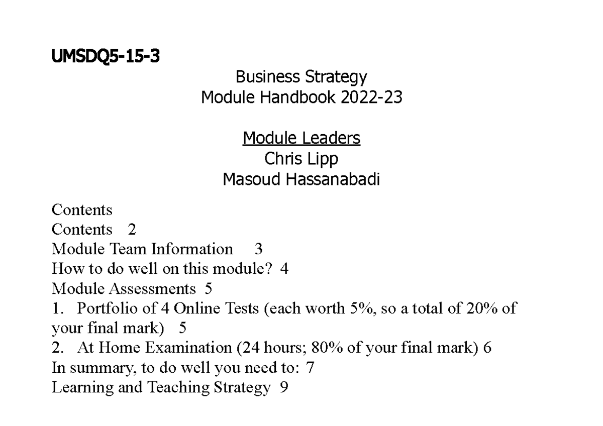 Business Strategy Module Handbook 2022 UMSDQ515 3 Business Strategy Module Handbook 2022