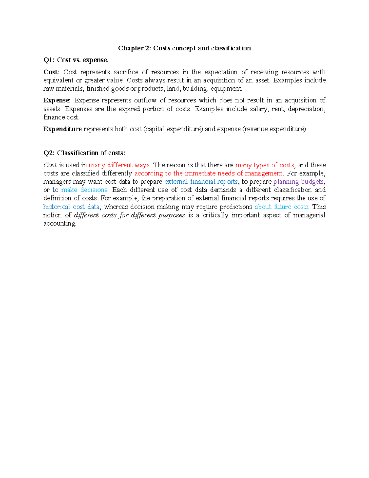 Chp 2 - impotant - Chapter 2: Costs concept and classification Q1: Cost ...