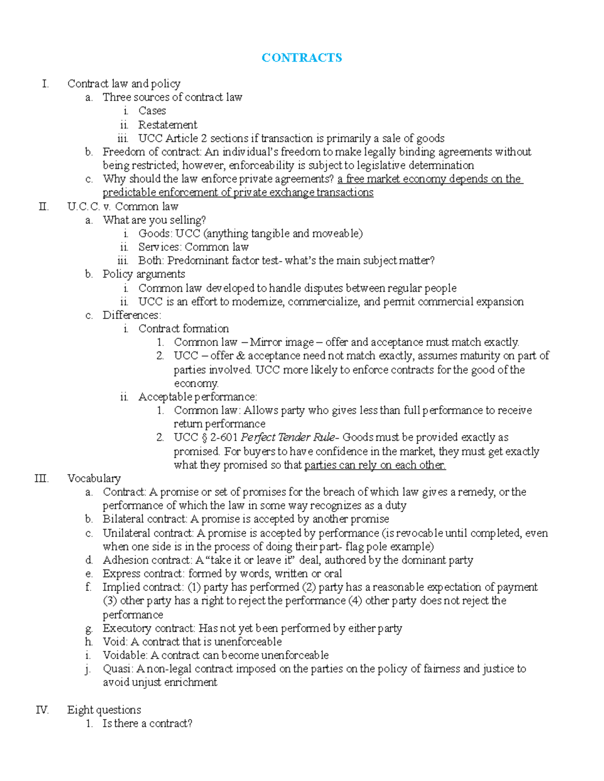 Contracts 503 - Class Outline V2 (ag) - Contracts I. Contract Law And 