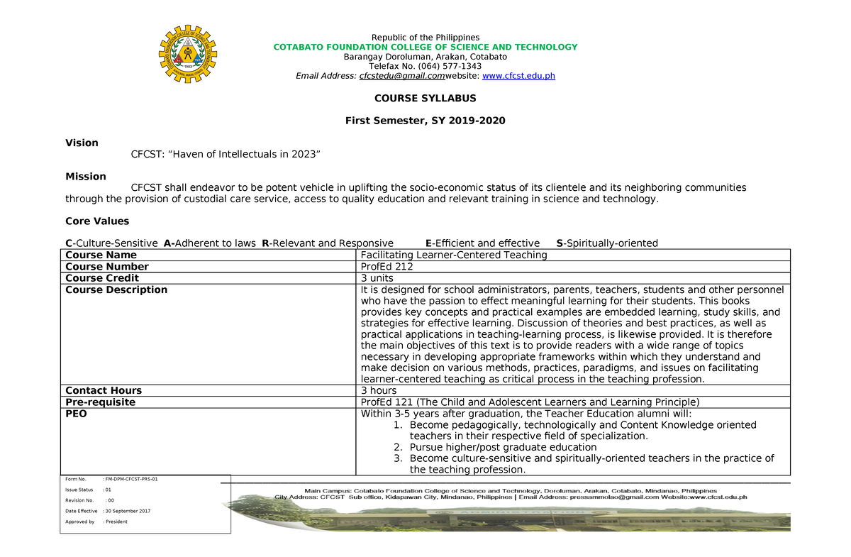 Final Syllabus FL COTABATO FOUNDATION COLLEGE OF SCIENCE AND