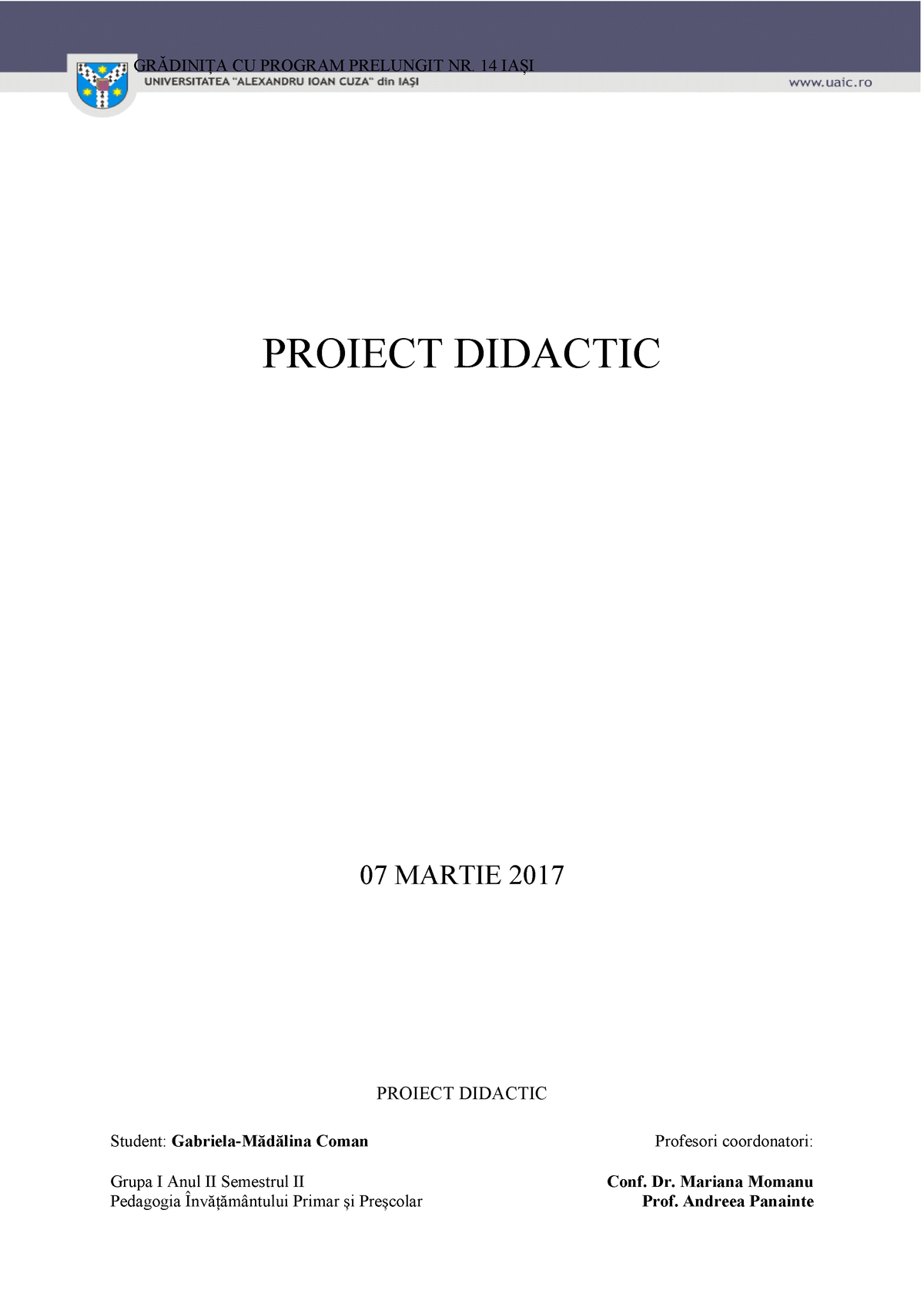 2 017 03 07 Proiect Didactic Ziua Mamei 2 Uaic Studocu