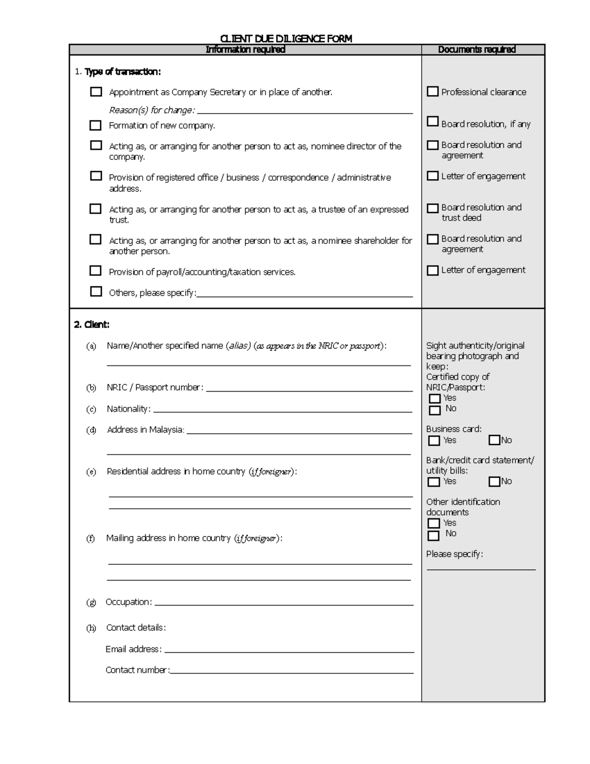 Client DUE Diligence FORM - CLIENT DUE DILIGENCE FORM Information ...