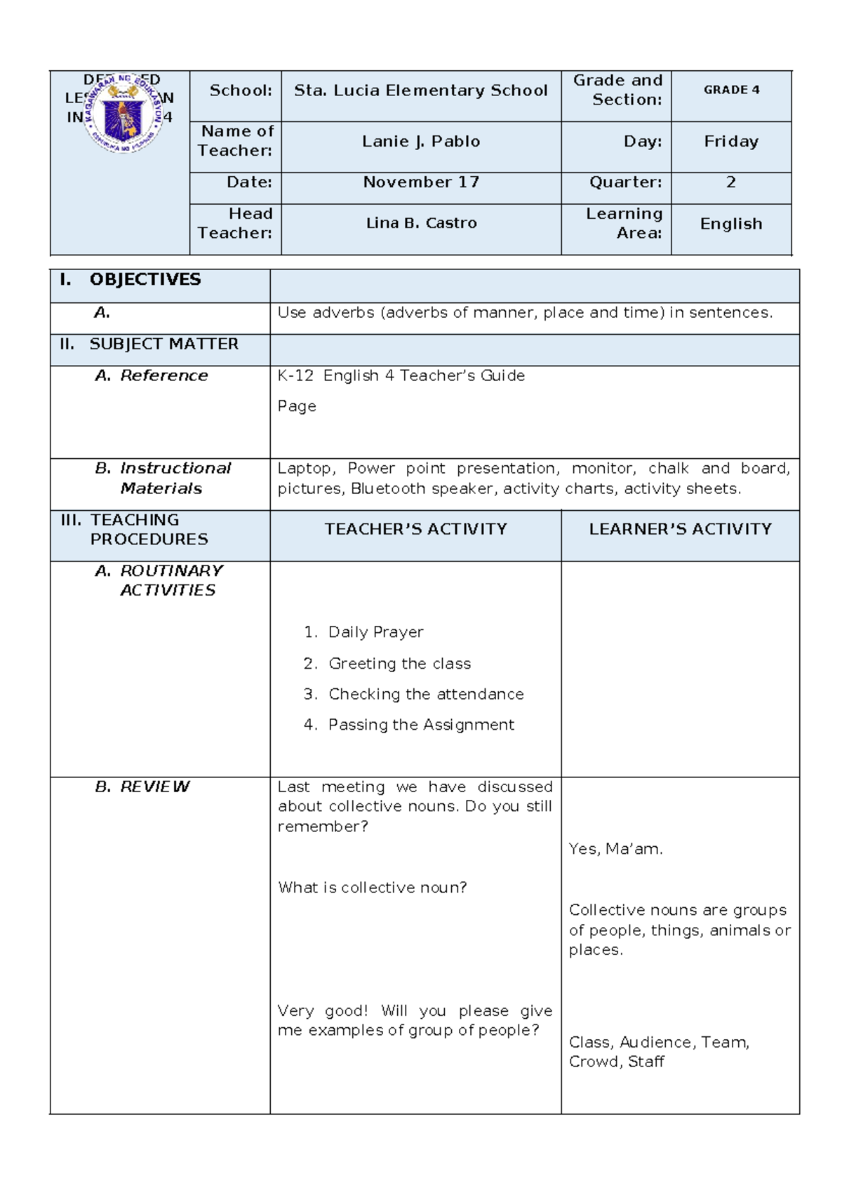 Adverbs DLP - lesson plan - DETAILED LESSON PLAN IN ENGLISH 4 School ...