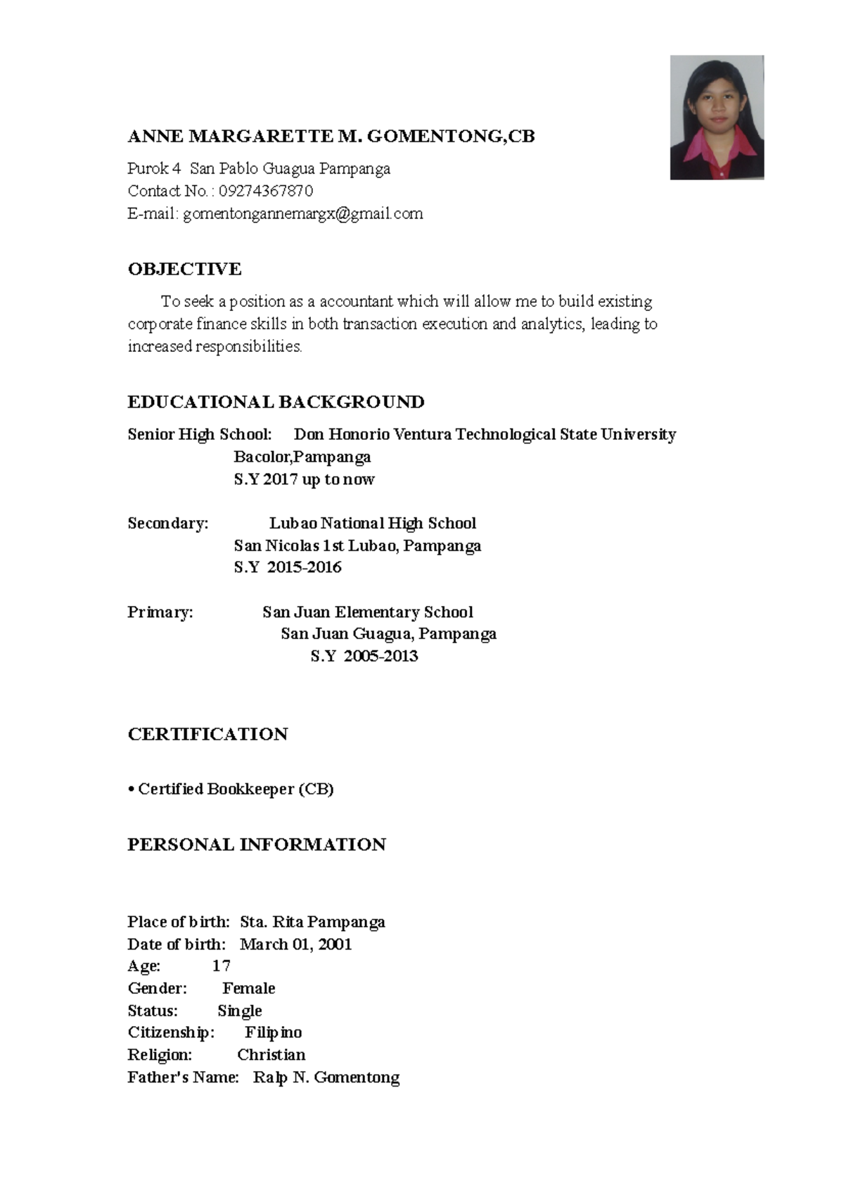 Anne resume - Grade: 12 - ANNE MARGARETTE M. GOMENTONG,CB Purok 4 San ...