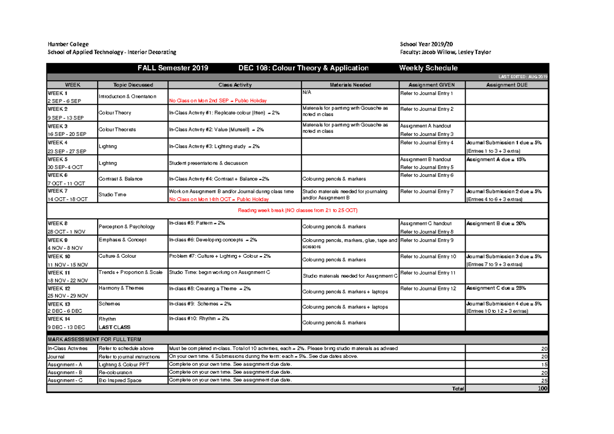 Weekly Schedule Humber College School Year 2019/ School of Applied