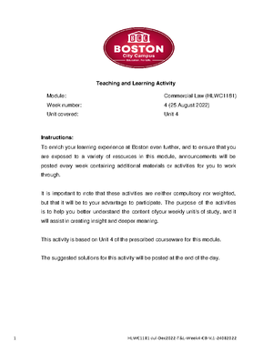 HLWC1181 Jul Dec2022 T&L Week4 Solution CB V - Teaching and Learning ...