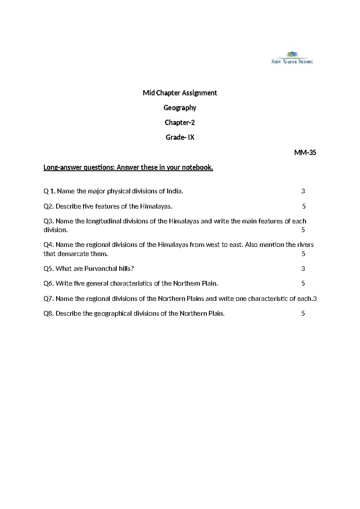 Mid Chapter Assignment Chap-2 (1) - Mid Chapter Assignment Geography ...