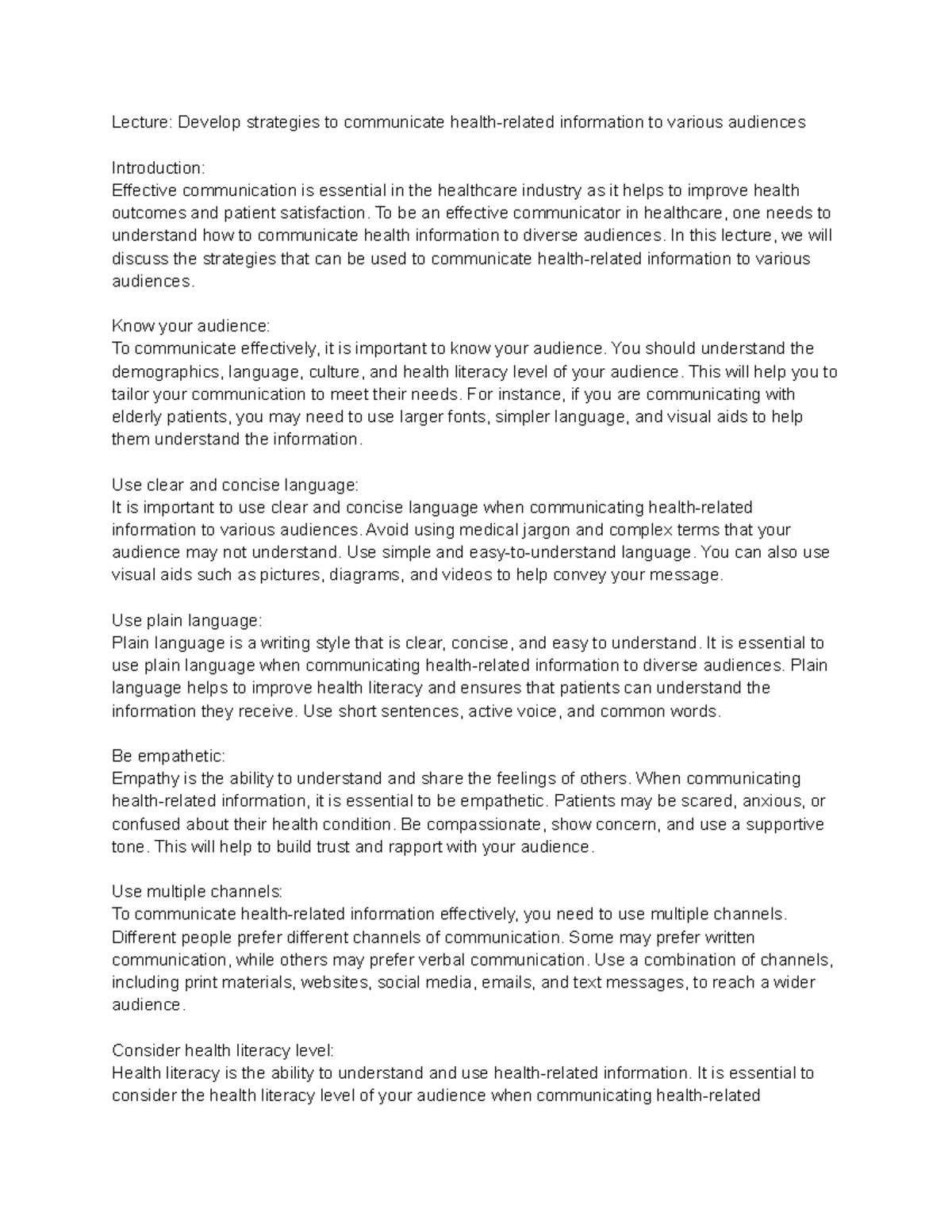 Health Communications (HLE2410) Lecture 45 Develop strategies to