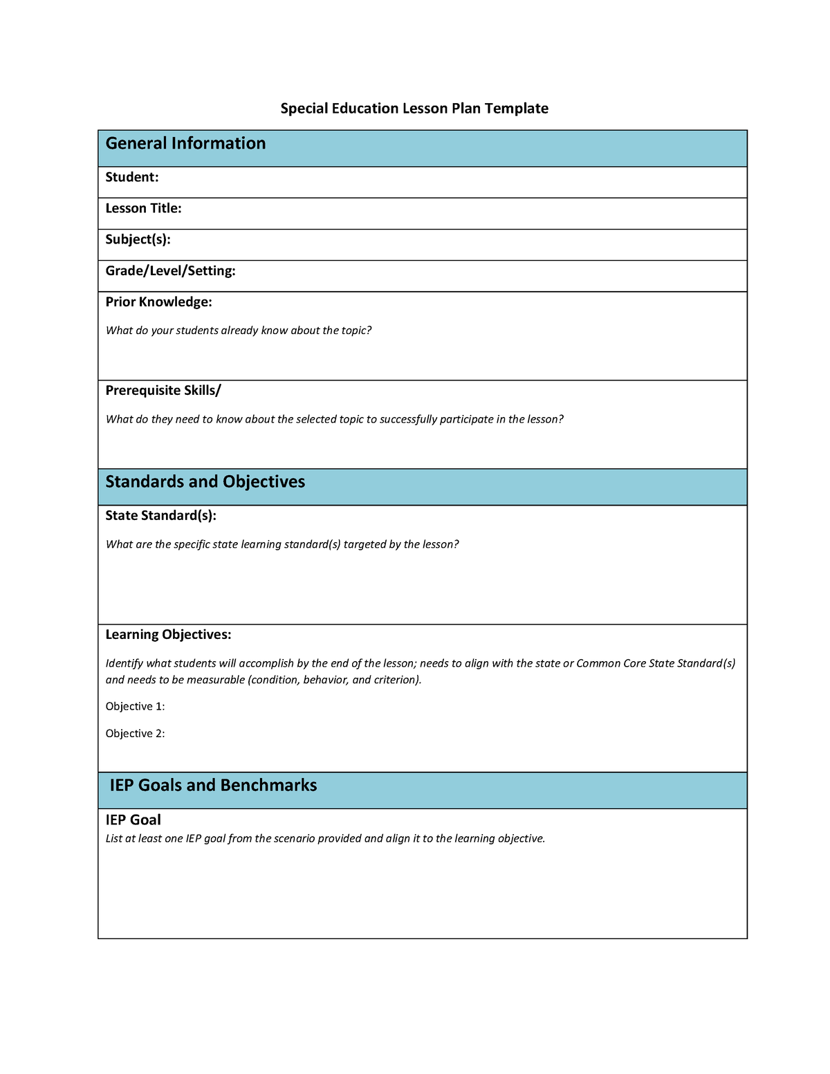Special Education Lesson Plan Template - Objective 1: Objective 2: IEP ...