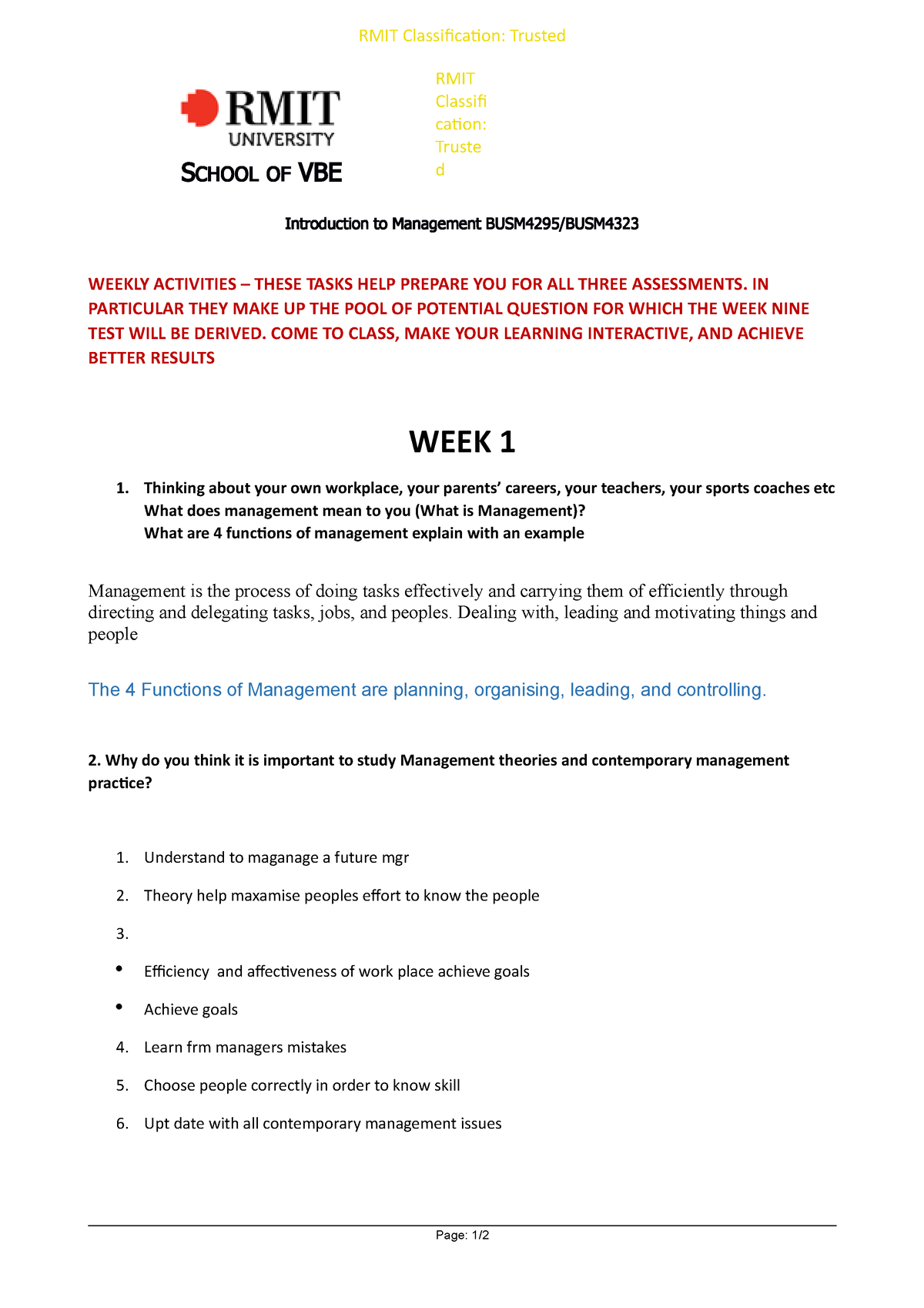 3 - WK 1, Activity Questions - SCHOOL OF VBE Introduction To Management ...