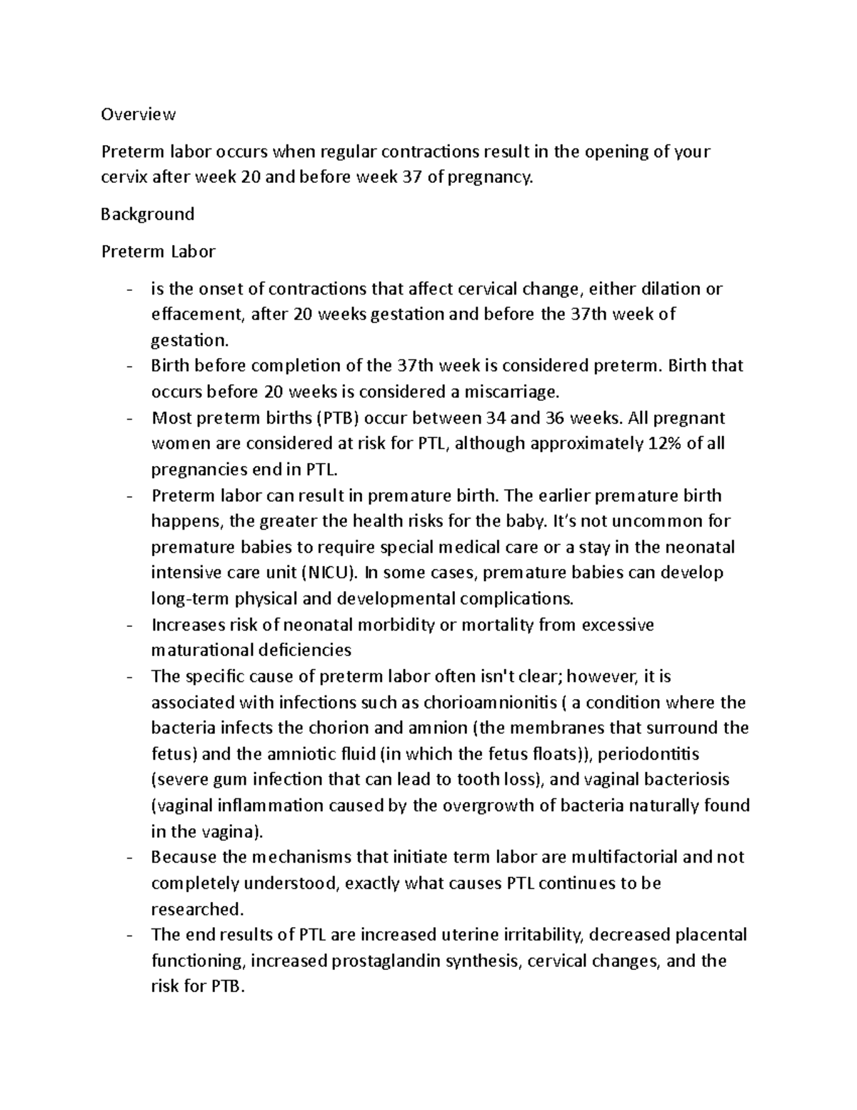 Mipanga - Written Report of Preterm Labor - Overview Preterm labor ...