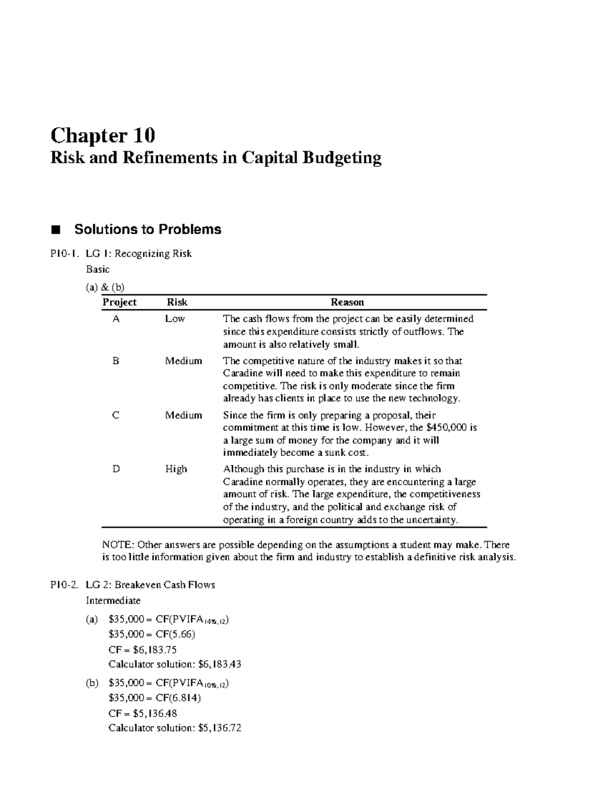 Chapter 10 - Chapter 10 Risk and Refinements in Capital Budgeting ...