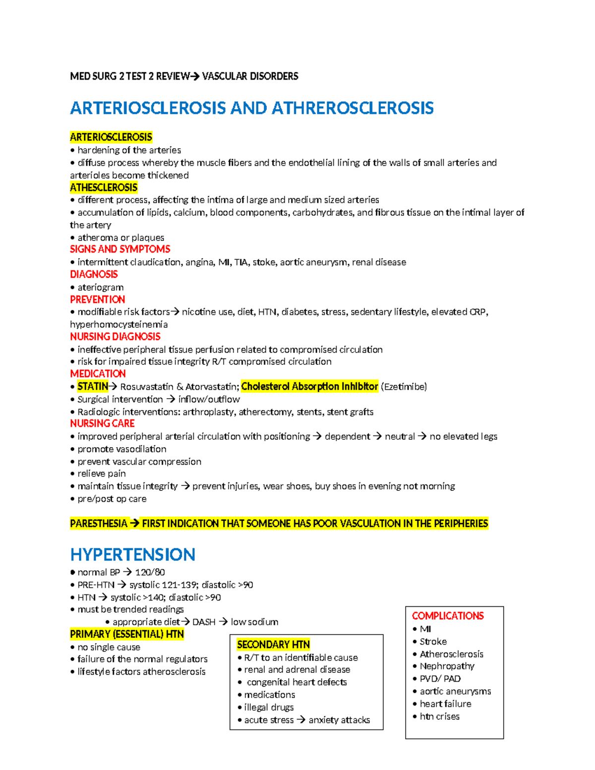 MED SURG 2 Unit 3 Review - MED SURG 2 TEST 2 REVIEW VASCULAR DISORDERS ...