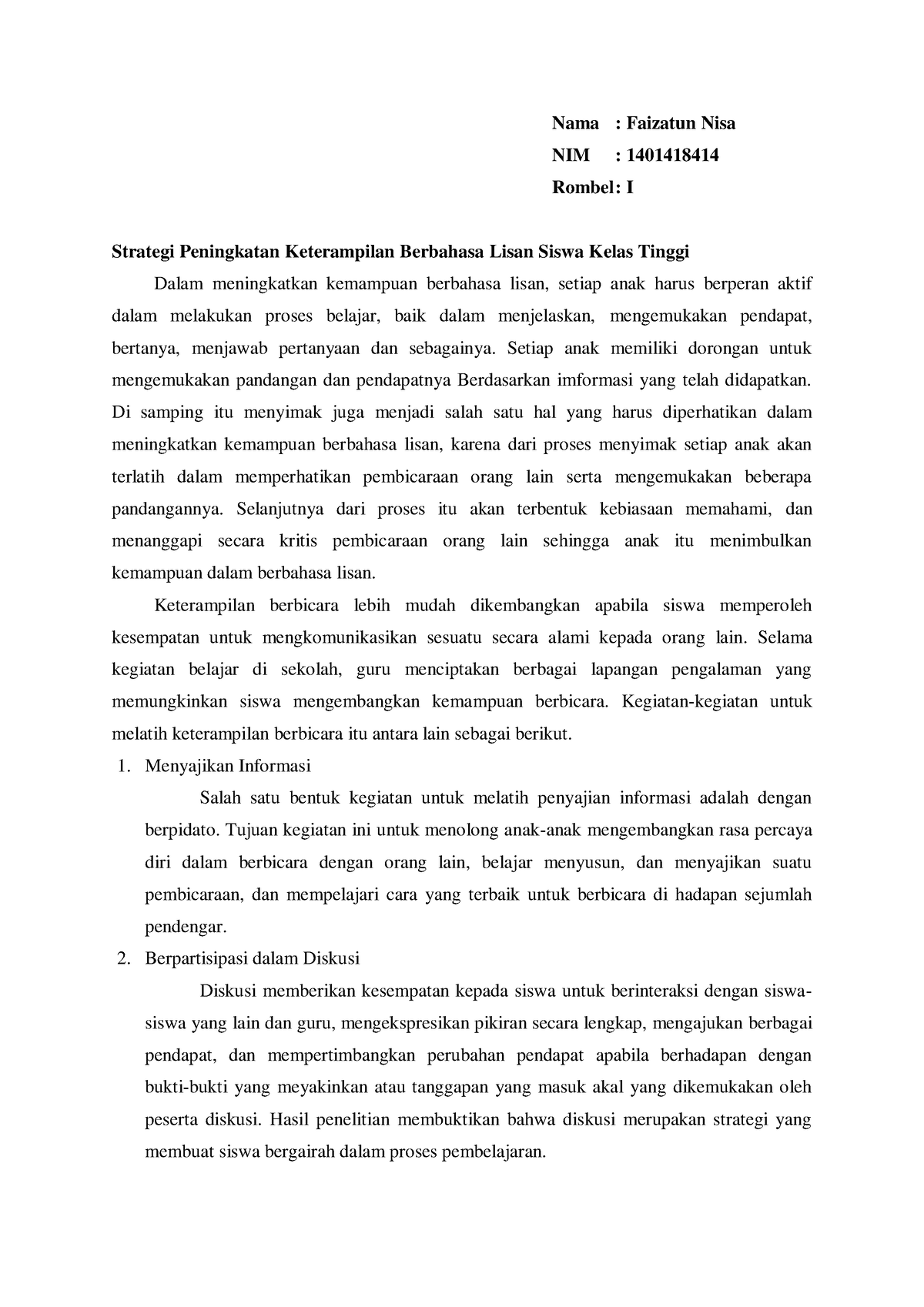 Strategi Peningkatan Keterampilan Berbahasa Lisan Siswa Kelas Tinggi ...