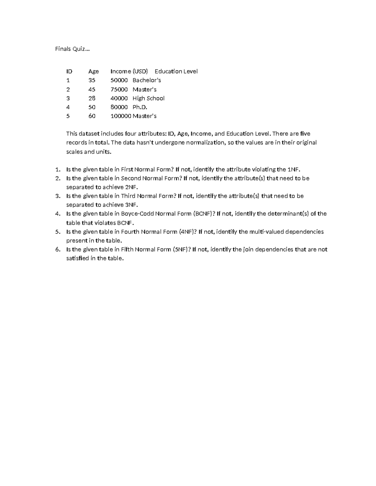 Finals-Quiz - kNLD - Finals Quiz... ID Age Income (USD) Education Level ...
