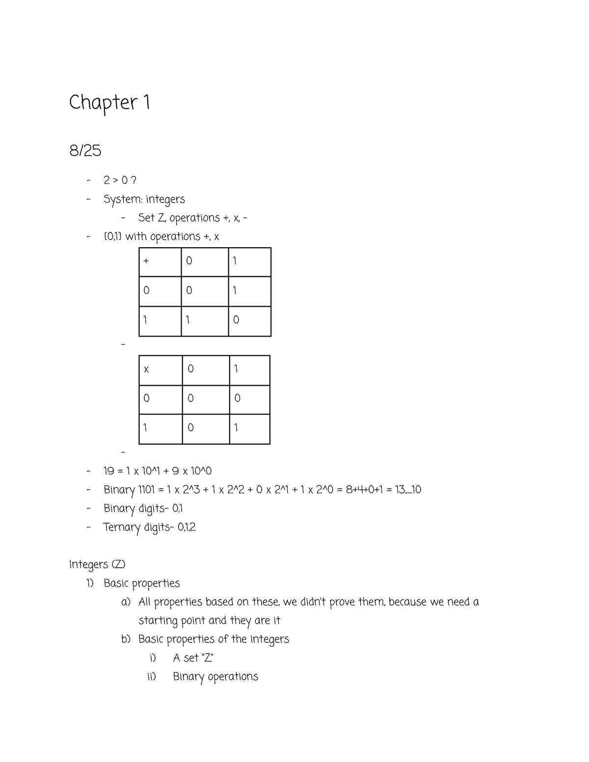 Math330 1.1 Thomas Zaslavsky Chapter 1 8/ 2 > 0? System integers