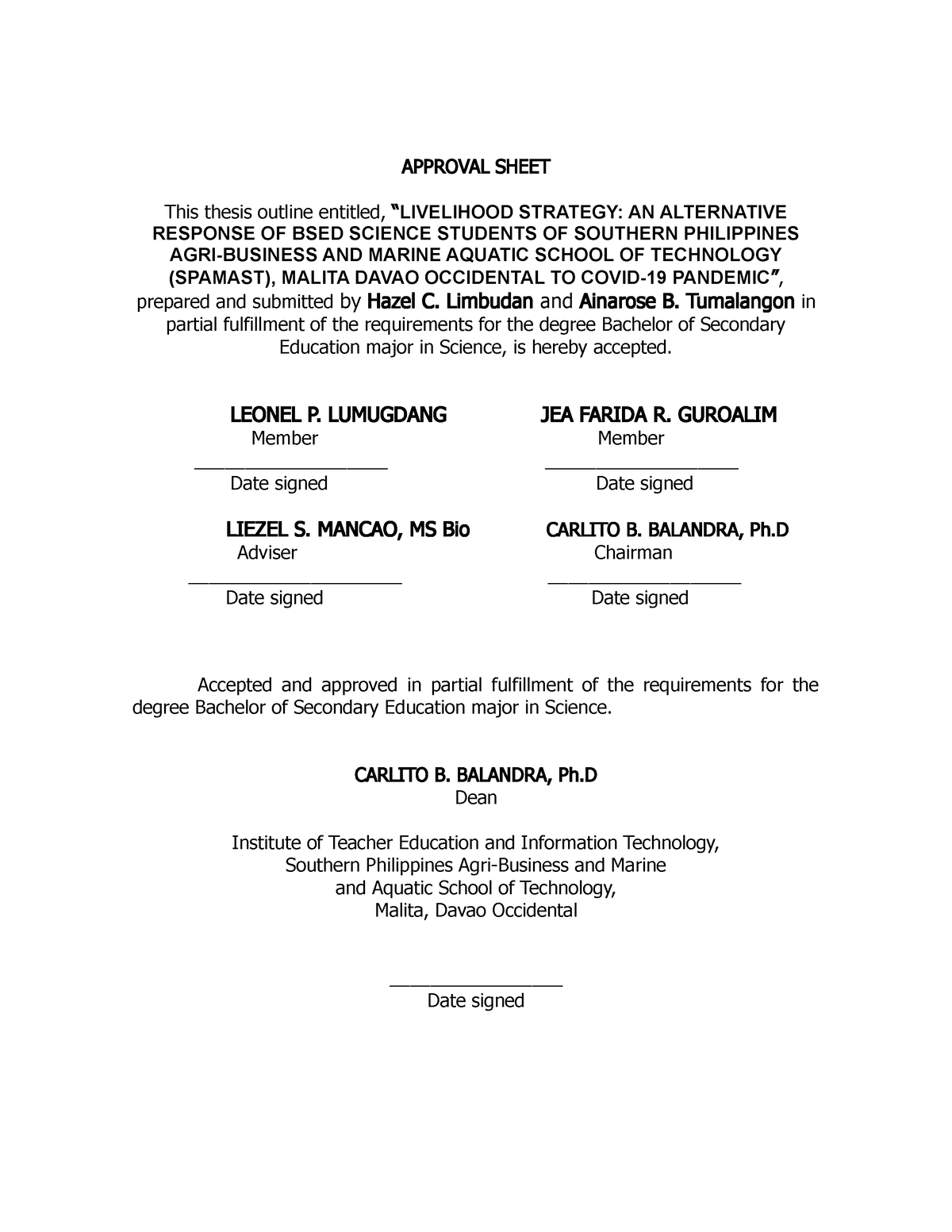 thesis approval sheet format