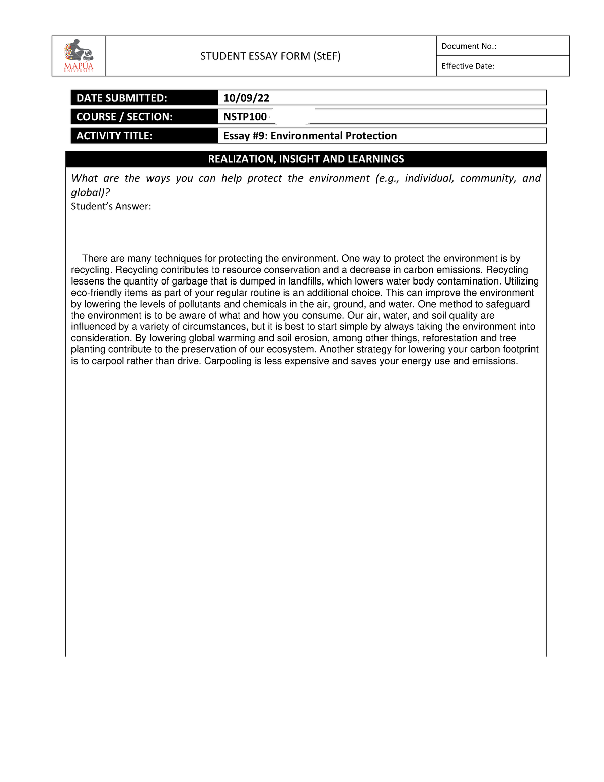 Form - NSTP1 00 Essay #9 - Dont Use - STUDENT ESSAY FORM (StEF ...