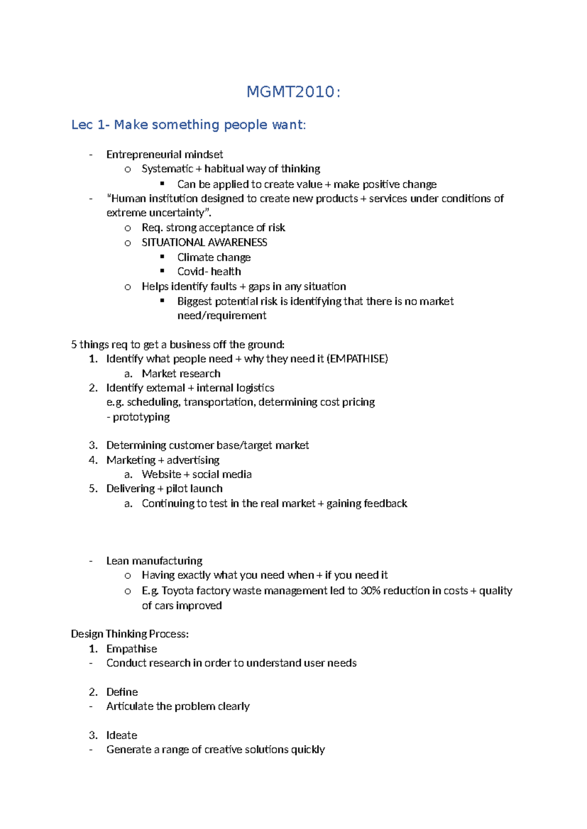 MGMT2010 - Entire Term Of Notes - MGMT2010: Lec 1- Make Something ...