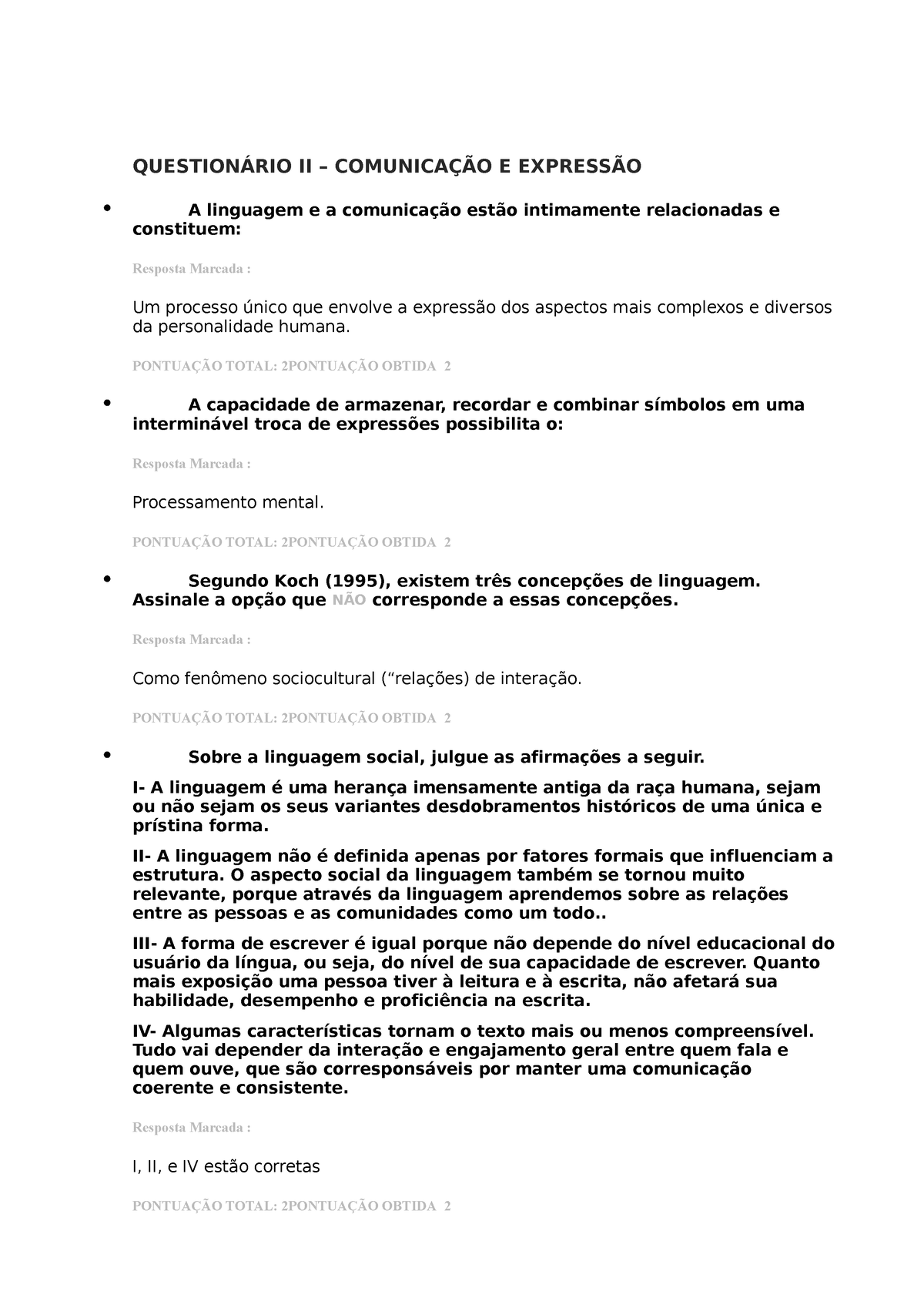 COMUNICAÇÃO E EXPRESSÃO - QUESTIONÁRIO UNIDADE II - Comunicação e