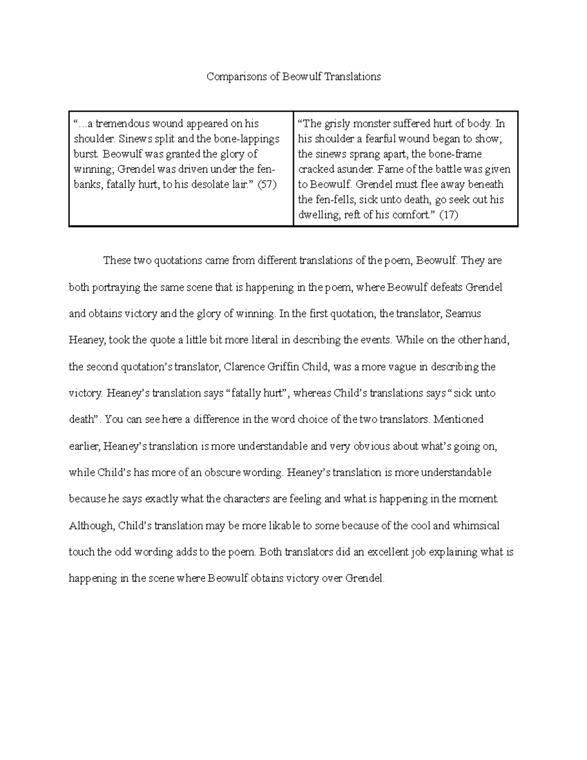 Comparisons of Beowulf Translations . tremendous wound appeared on