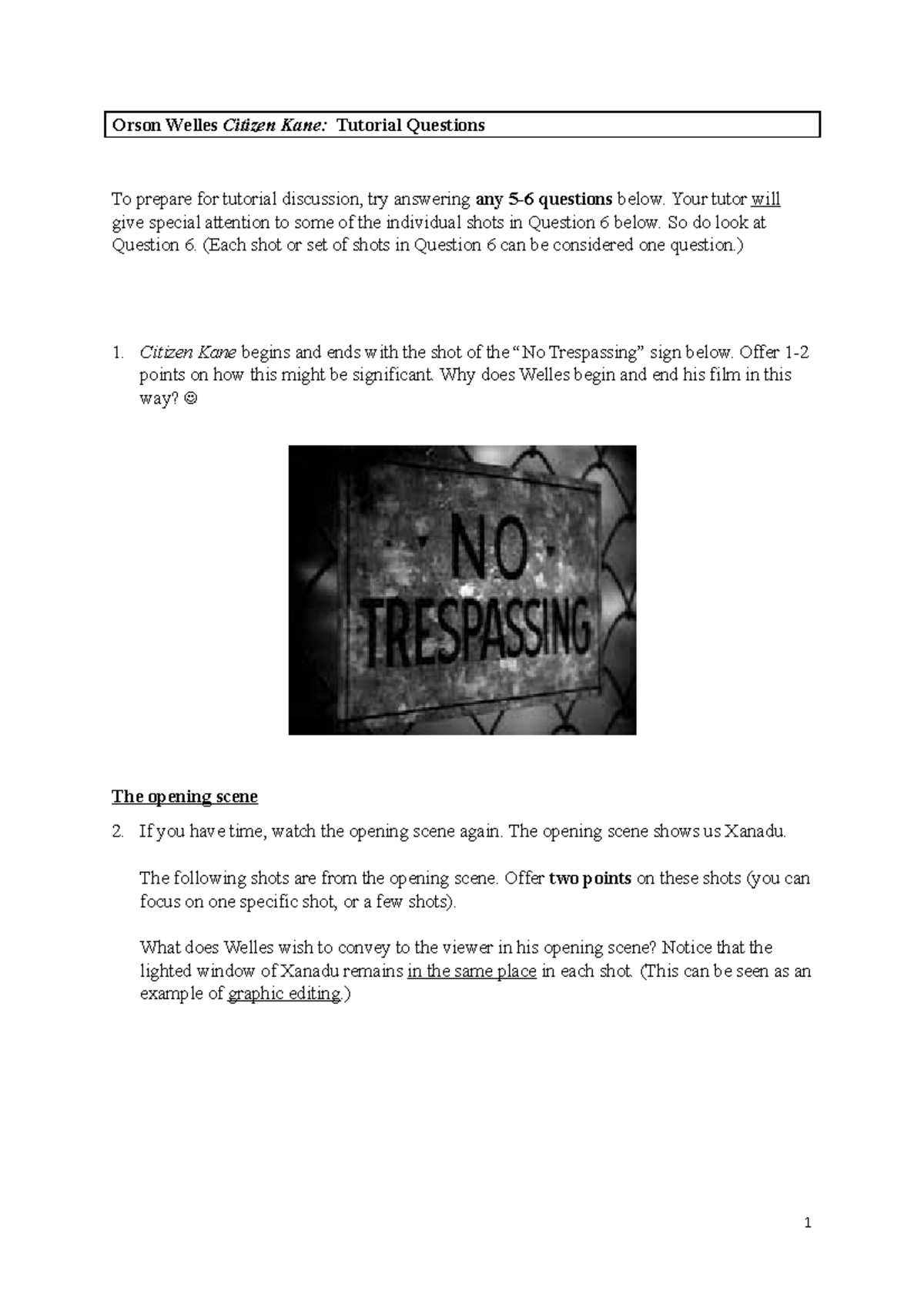 2. Citizen Kane (Tutorial Questions, August 2022) - Orson Welles ...