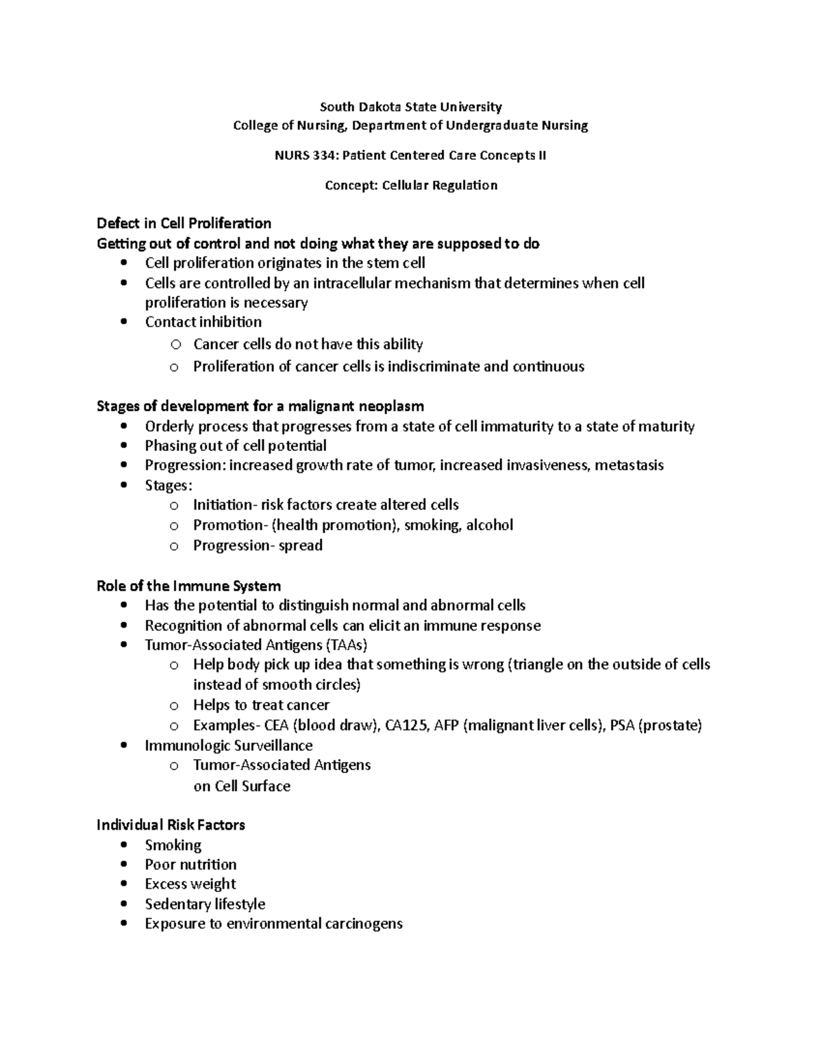 Cellular Regulation Outline South Dakota State University College of