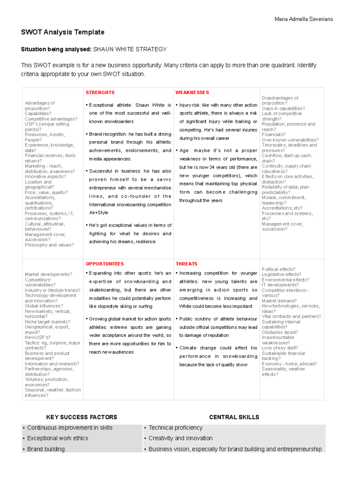SWOT White exercice - SWOT Analysis Template Situation being analysed ...